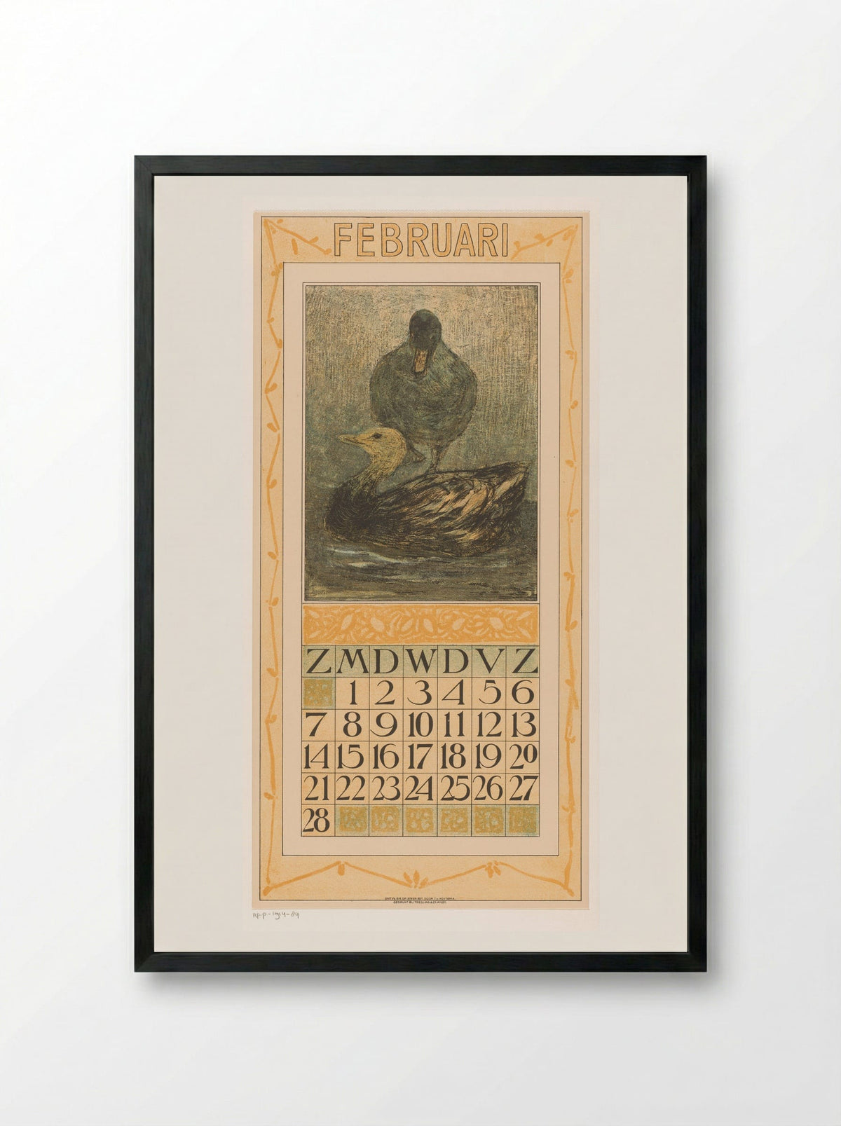Kalenderblad februari met staande en zwemmende eend - Theo van Hoytema - Framed Print Black