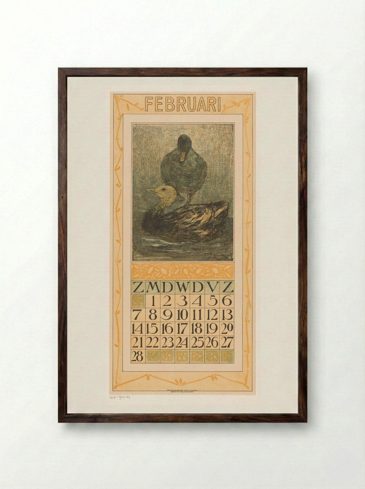 Kalenderblad februari met staande en zwemmende eend - Theo van Hoytema - Framed Print Dark Wood