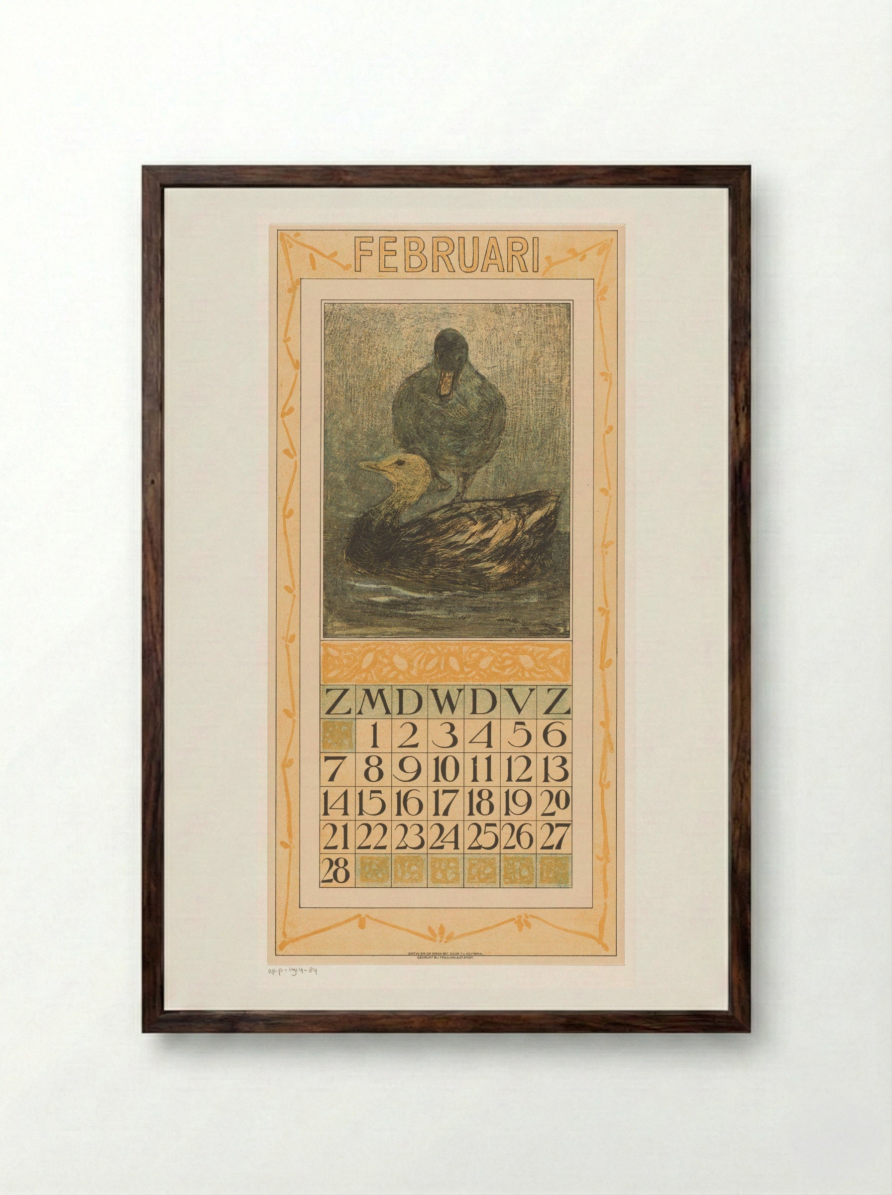 Kalenderblad februari met staande en zwemmende eend - Theo van Hoytema - Framed Print Dark Wood