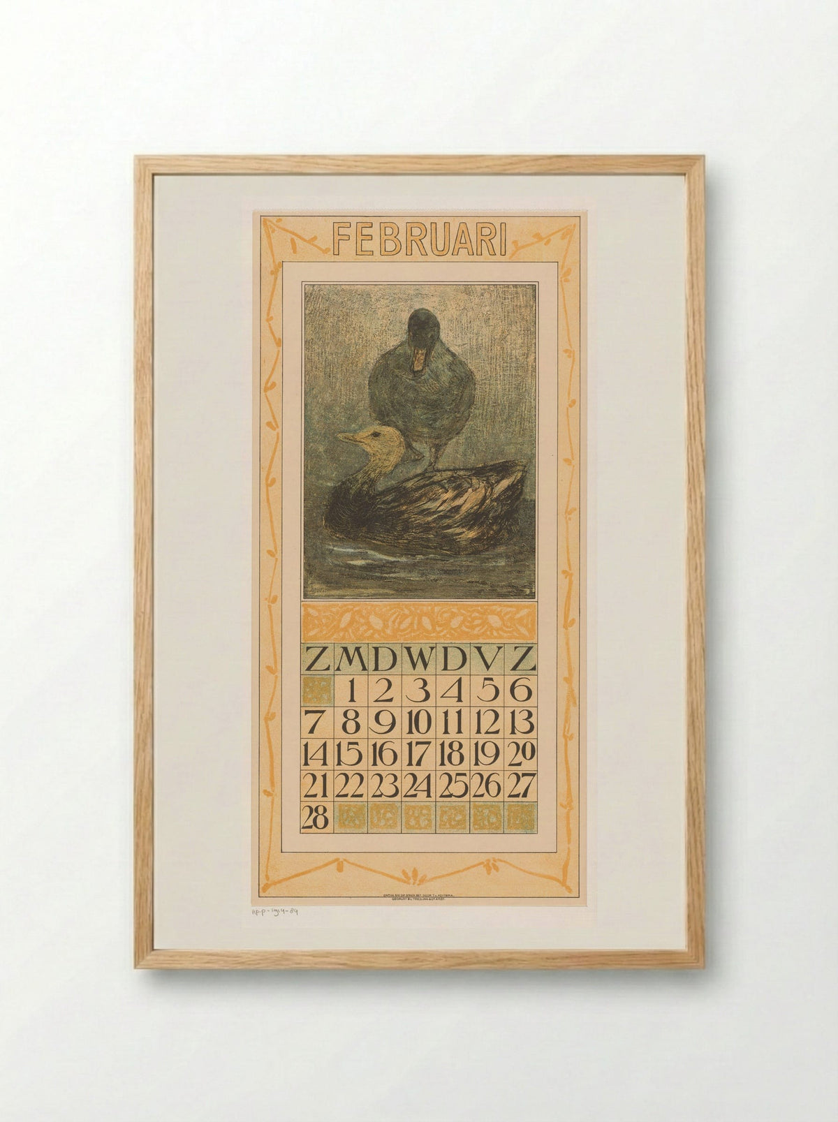 Kalenderblad februari met staande en zwemmende eend - Theo van Hoytema - Framed Print Wood
