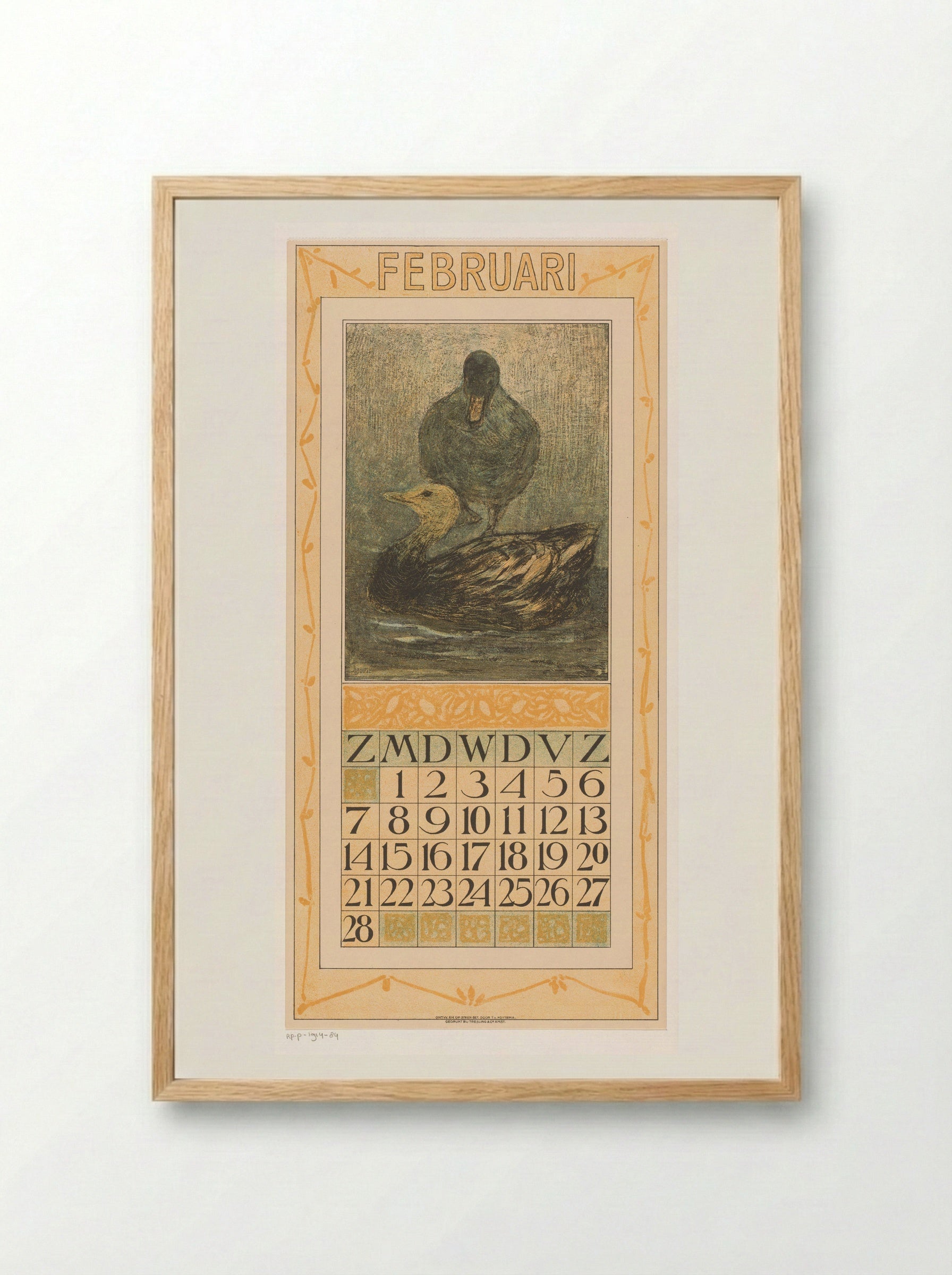 Kalenderblad februari met staande en zwemmende eend - Theo van Hoytema - Framed Print Wood