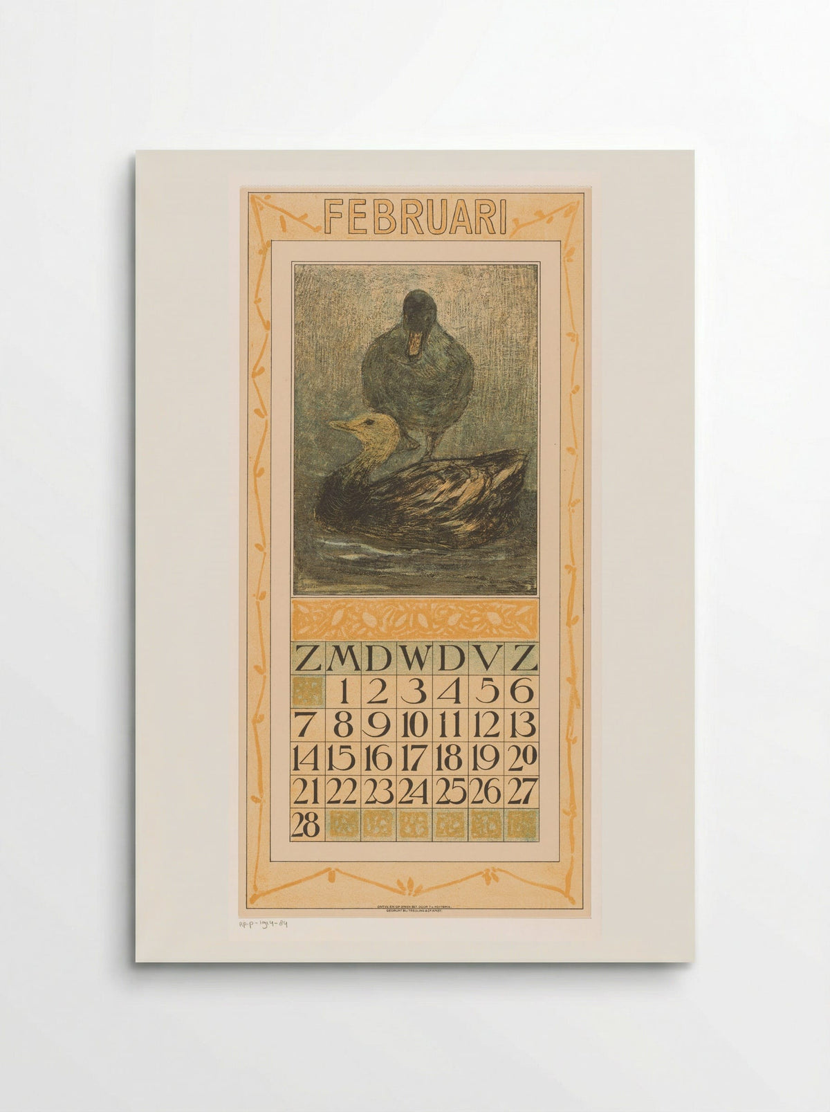 Kalenderblad februari met staande en zwemmende eend - Theo van Hoytema - Poster