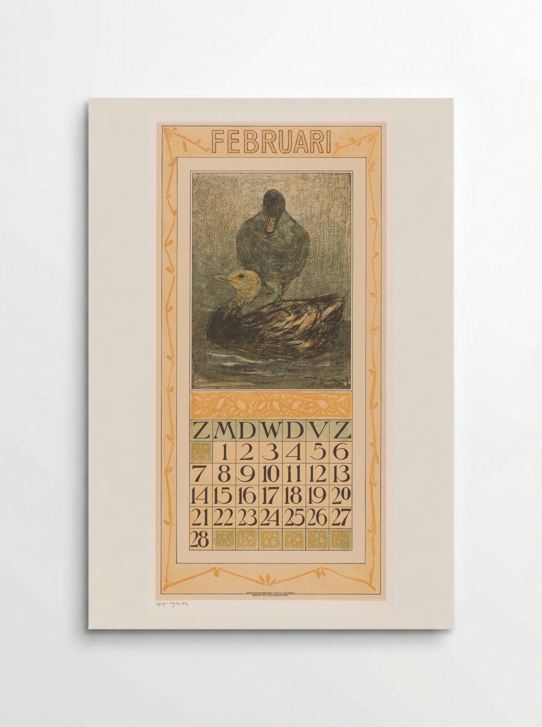 Kalenderblad februari met staande en zwemmende eend - Theo van Hoytema - Poster