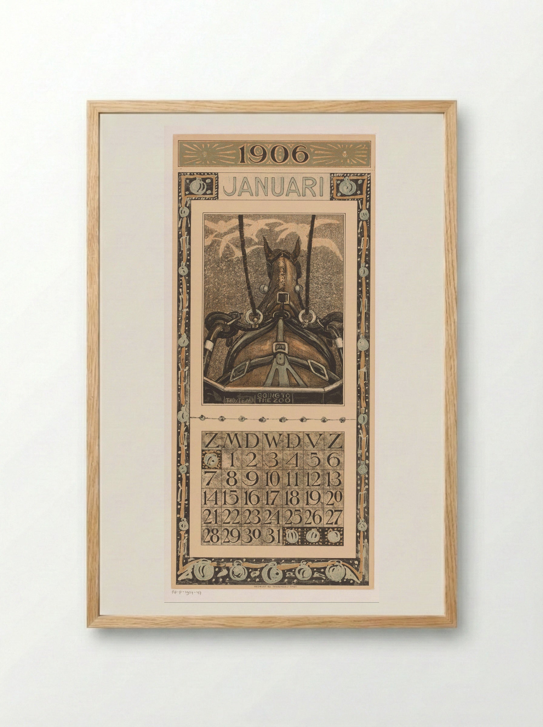Kalenderblad januari met ingespannen paard - Theo van Hoytema - Framed Print Wood