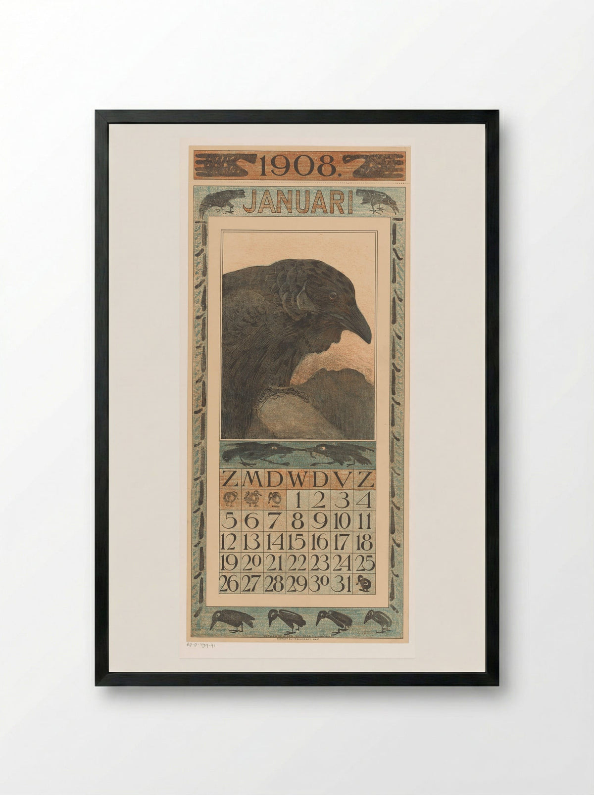 Kalenderblad januari met kraai - Theo van Hoytema - Framed Print Black