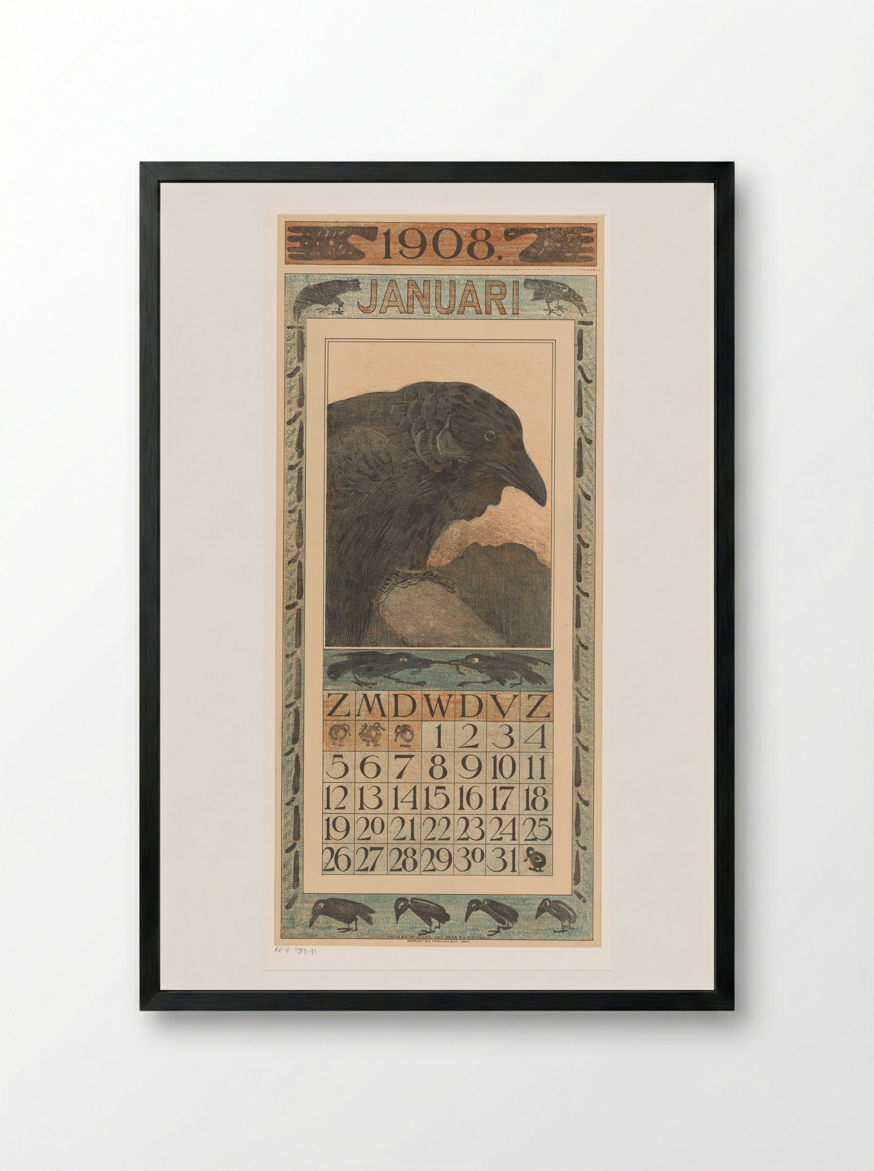 Kalenderblad januari met kraai - Theo van Hoytema - Framed Print Black