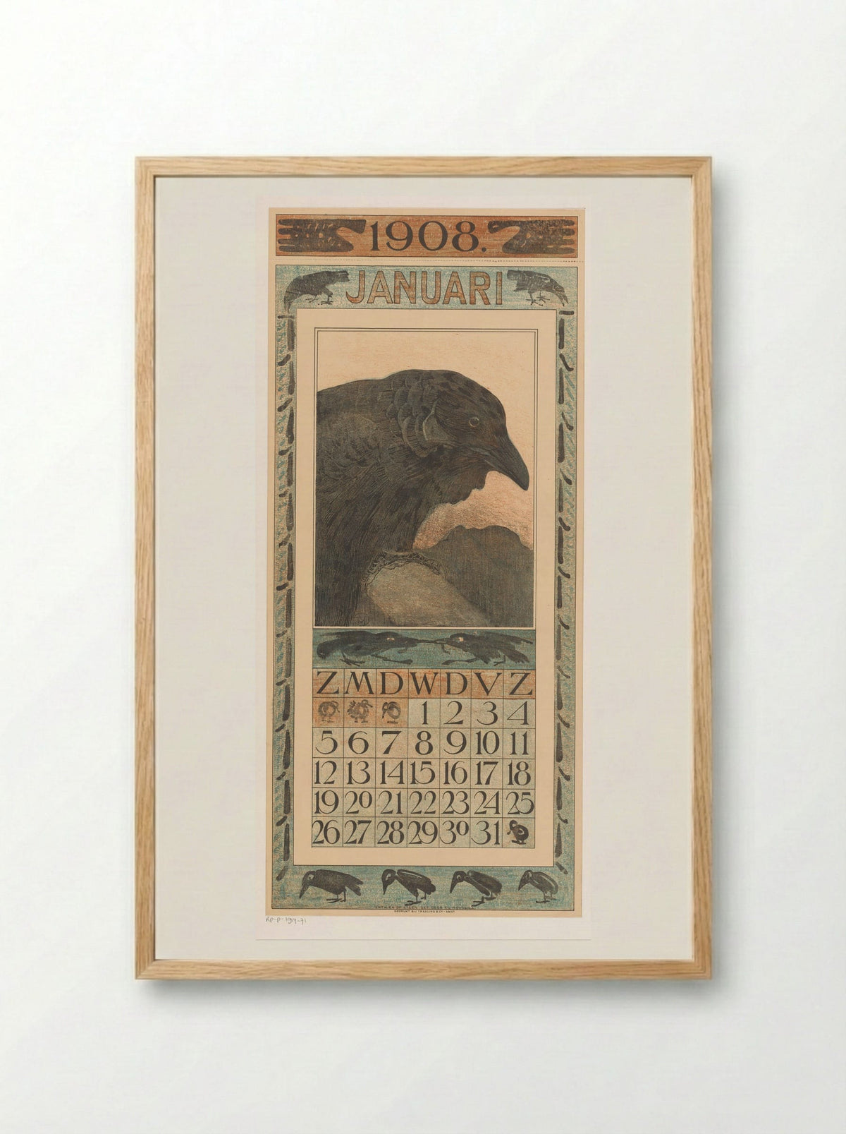 Kalenderblad januari met kraai - Theo van Hoytema - Framed Print Wood