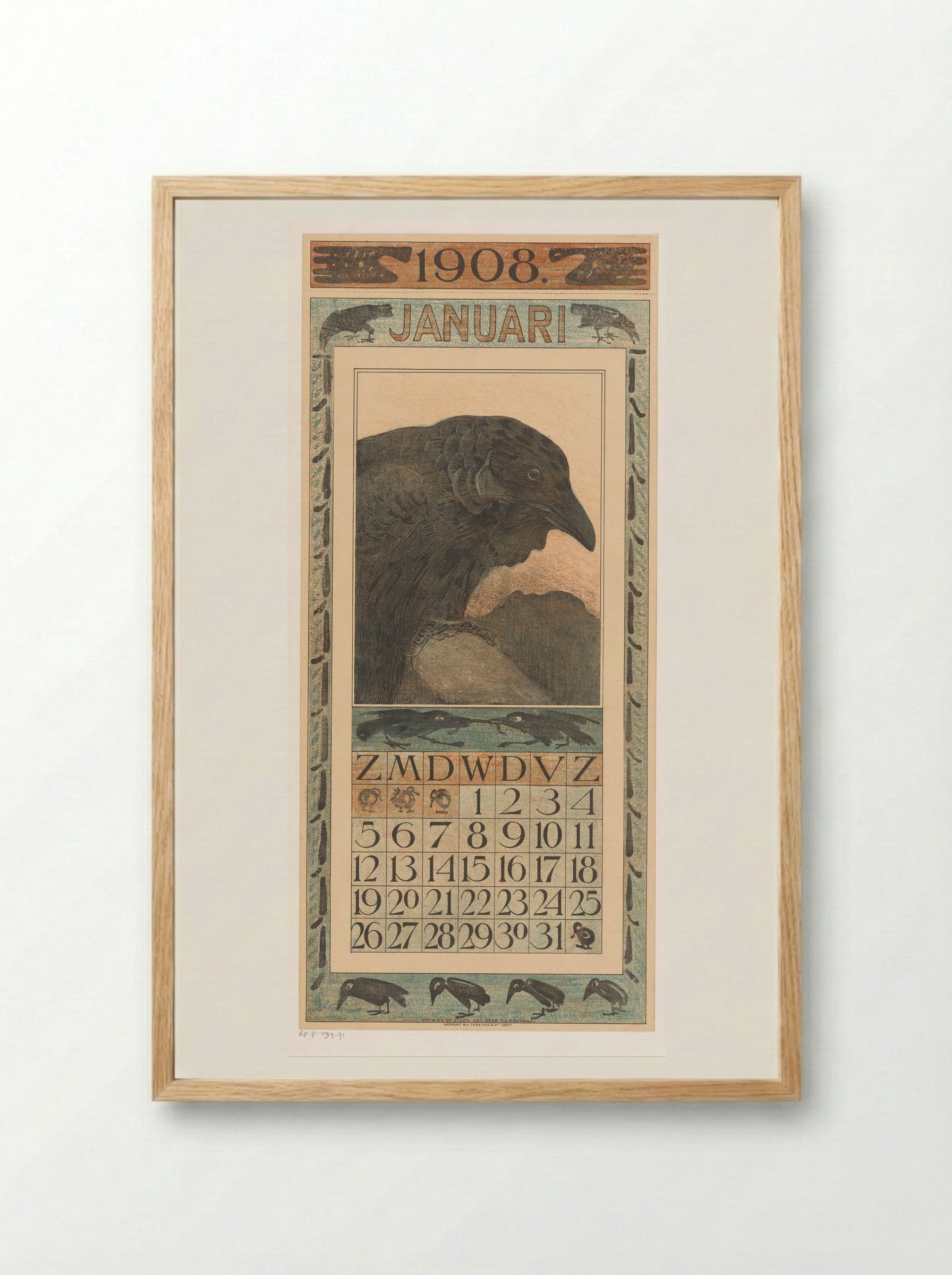 Kalenderblad januari met kraai - Theo van Hoytema - Framed Print Wood