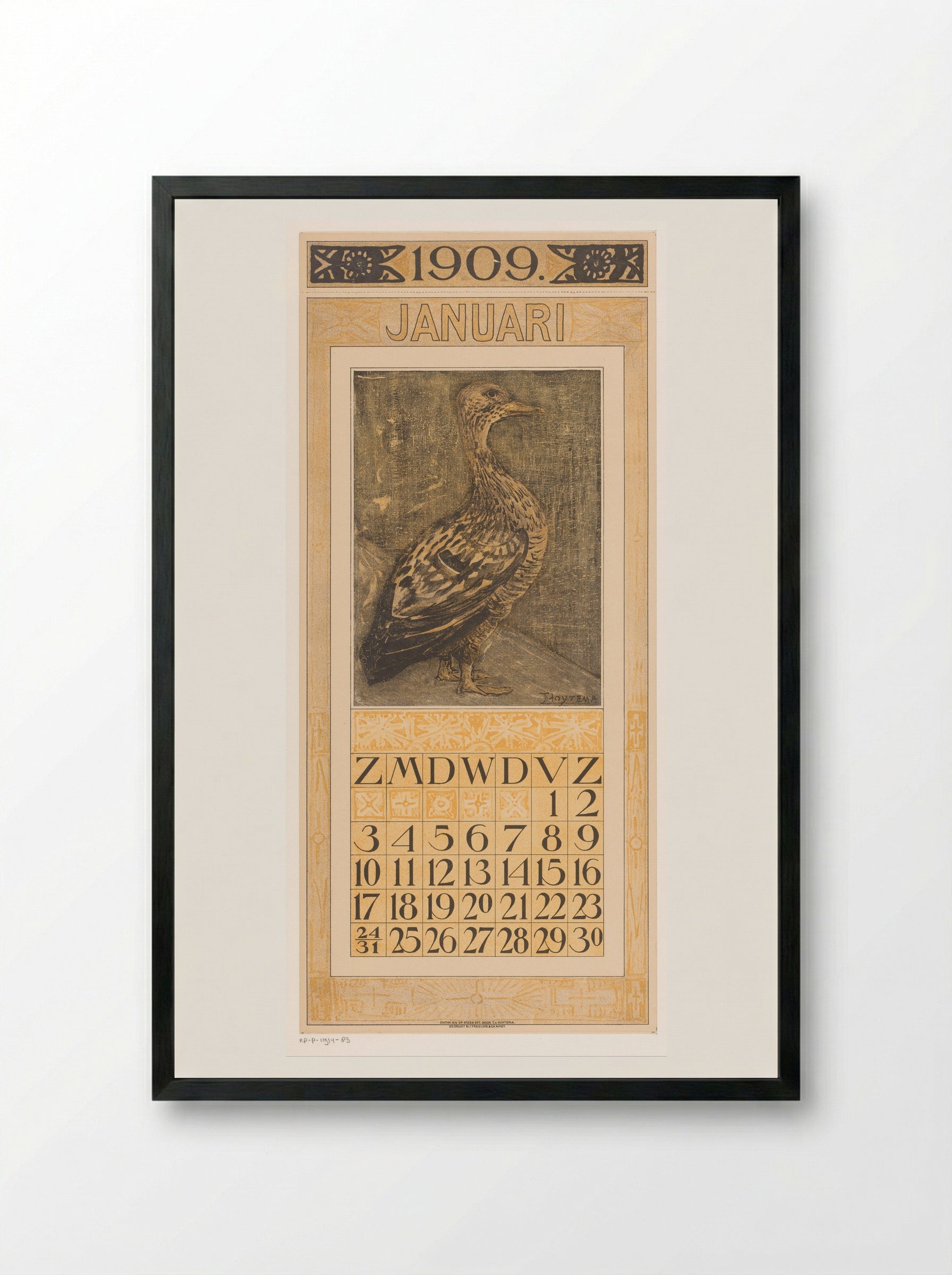 Kalenderblad januari met staande eend - Theo van Hoytema - Framed Print Black