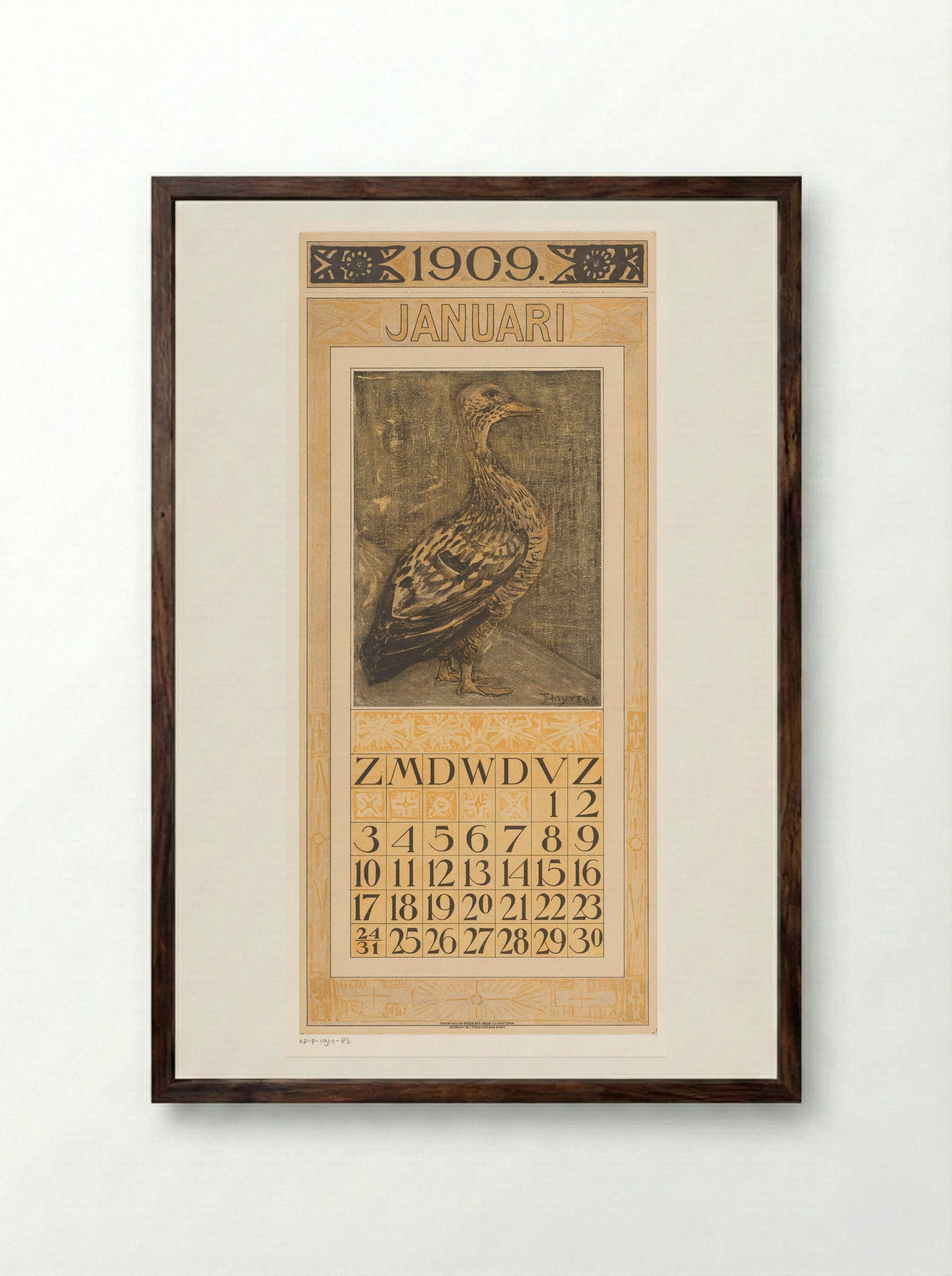 Kalenderblad januari met staande eend - Theo van Hoytema - Framed Print Dark Wood