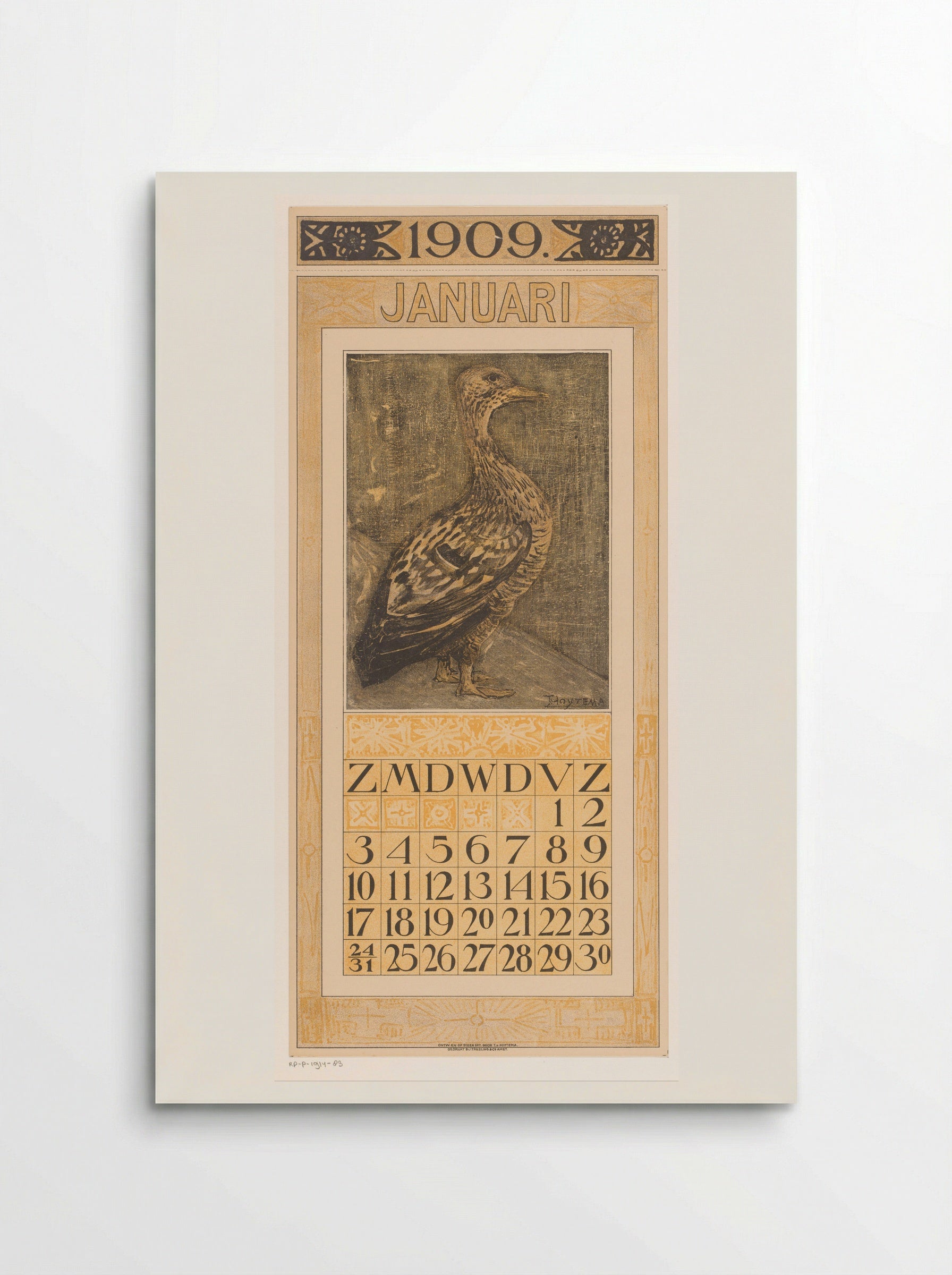 Kalenderblad januari met staande eend - Theo van Hoytema - Poster