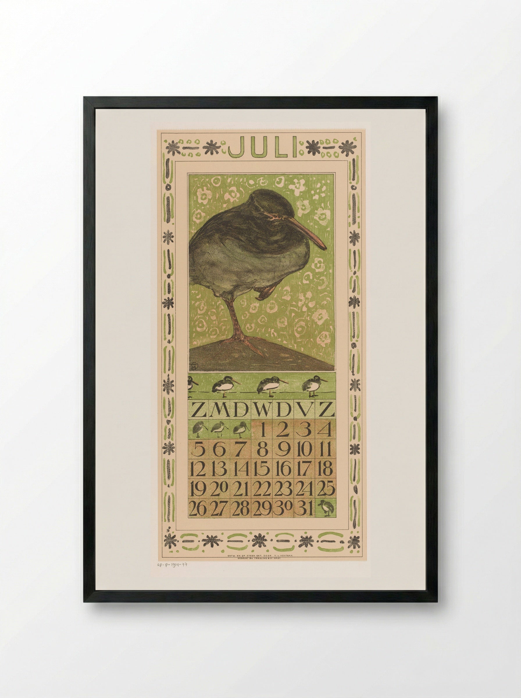 Kalenderblad juli met scholekster - Theo van Hoytema - Framed Print Black