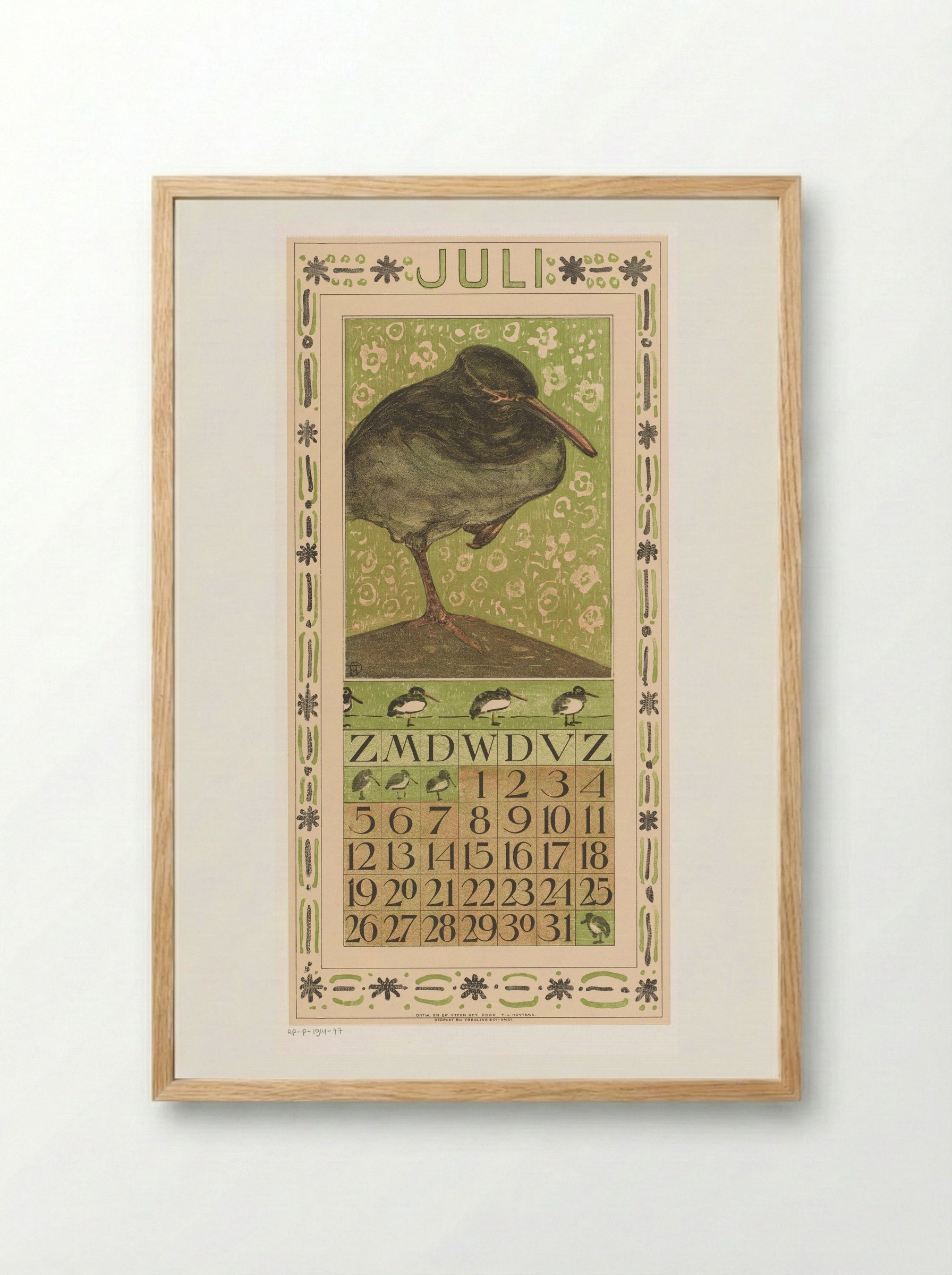 Kalenderblad juli met scholekster - Theo van Hoytema - Framed Print Wood