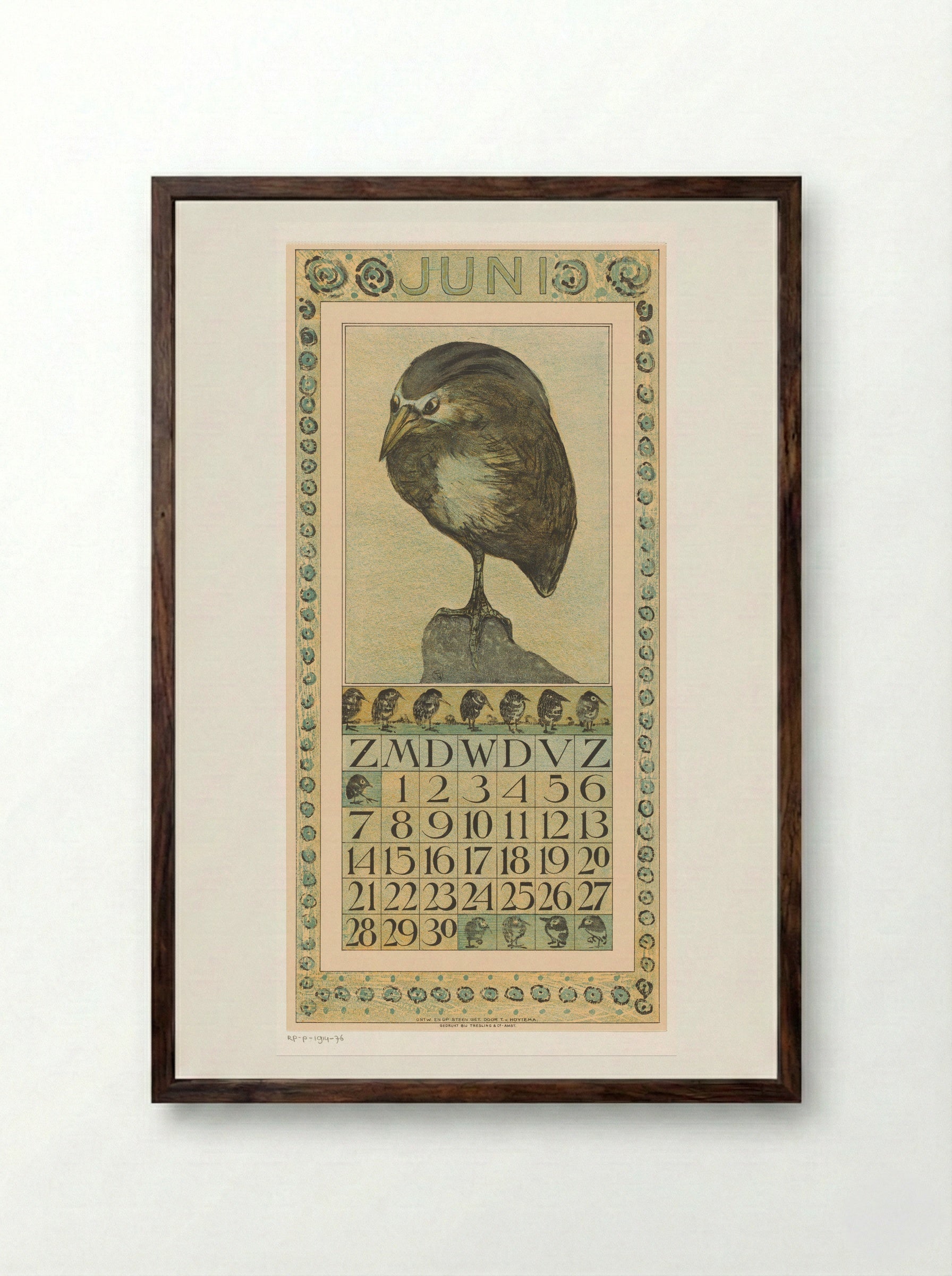 Kalenderblad juni met kwak - Theo van Hoytema - Framed Print Dark Wood