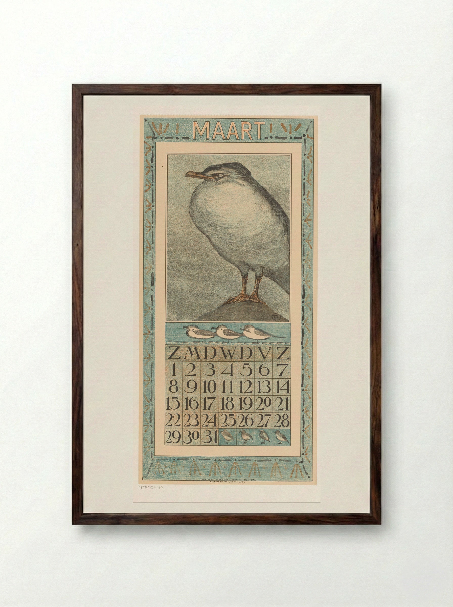 Kalenderblad maart met zilvermeeuw - Theo van Hoytema - Framed Print Dark Wood