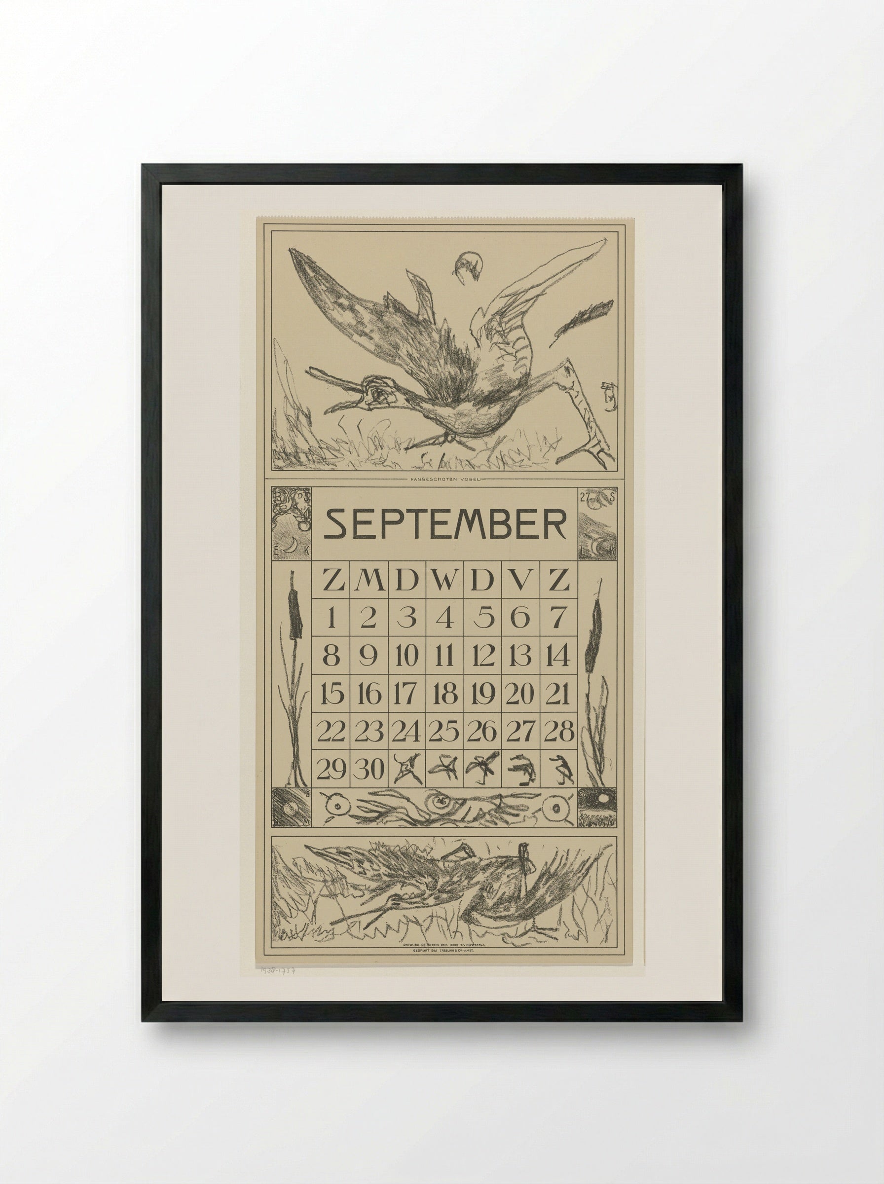 Kalenderblad september met twee vogels - Theo van Hoytema - Framed Print Black