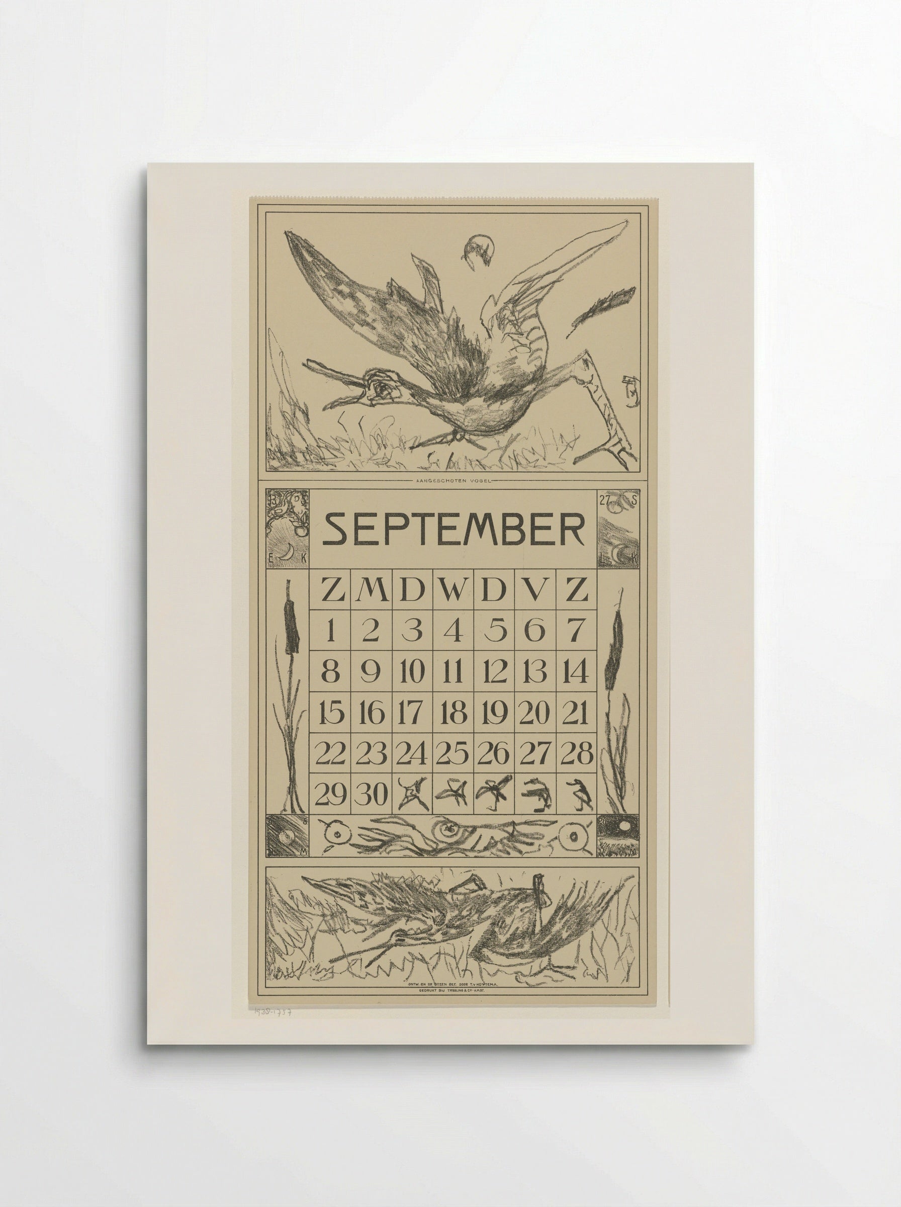 Kalenderblad september met twee vogels - Theo van Hoytema - Poster
