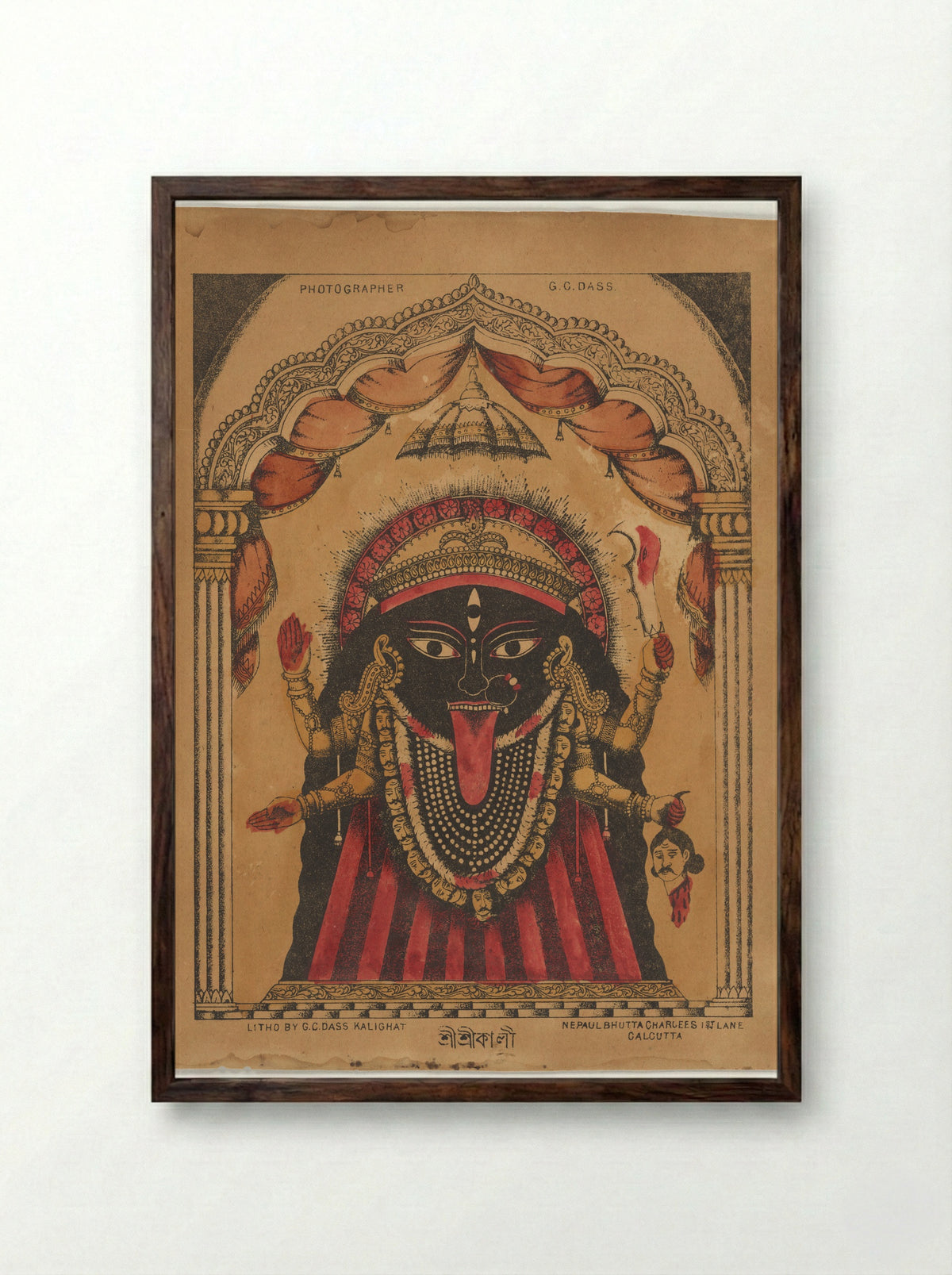 Kali, the wrathful protector (Shri Shri Kali) - G. C. Dass - Framed Print Dark Wood