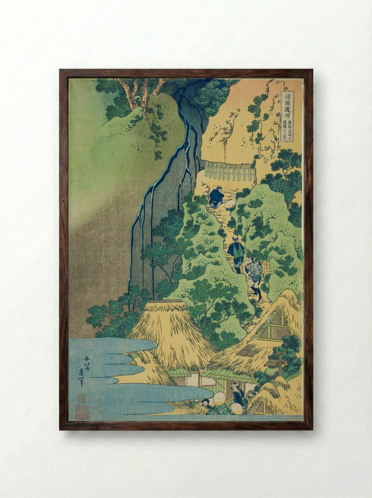 Kannon Shrine at Kiyo Falls at Sakanoshita on the Tōkaidō - Katsushika Hokusai - Framed Print Dark Wood