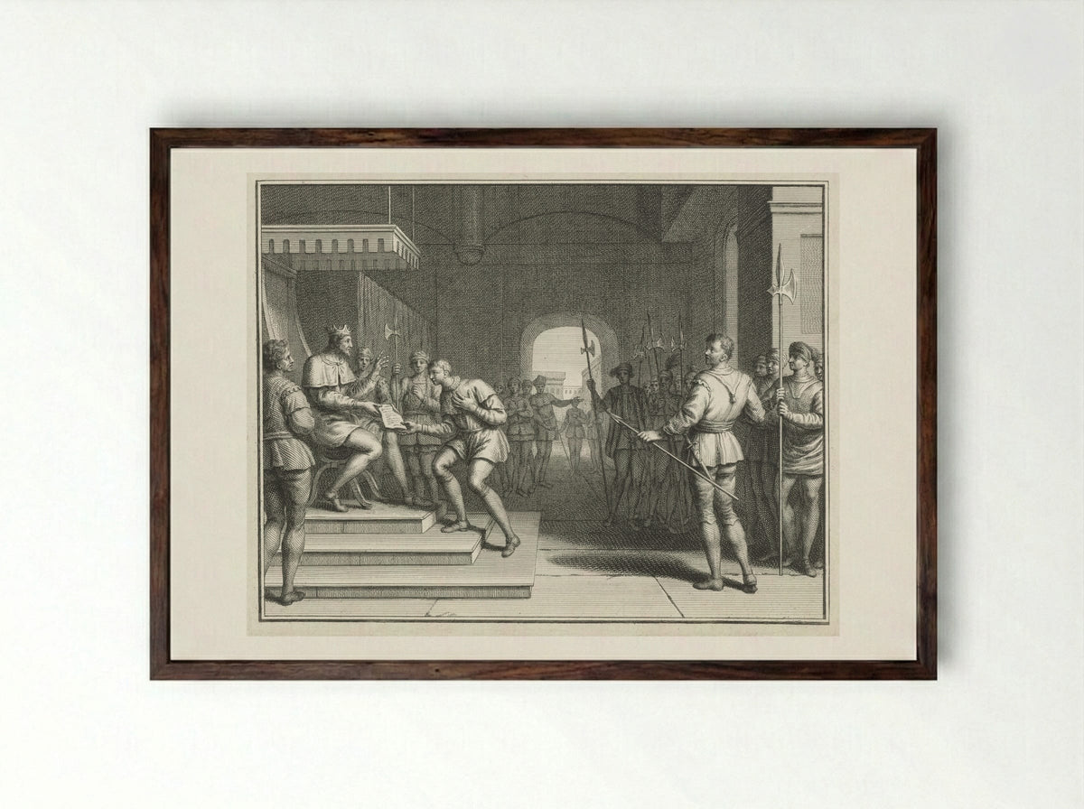 Karel de Eenvoudige verleent Dirk I de titel graaf van Holland - Pieter Tanjé - Framed Print Dark Wood
