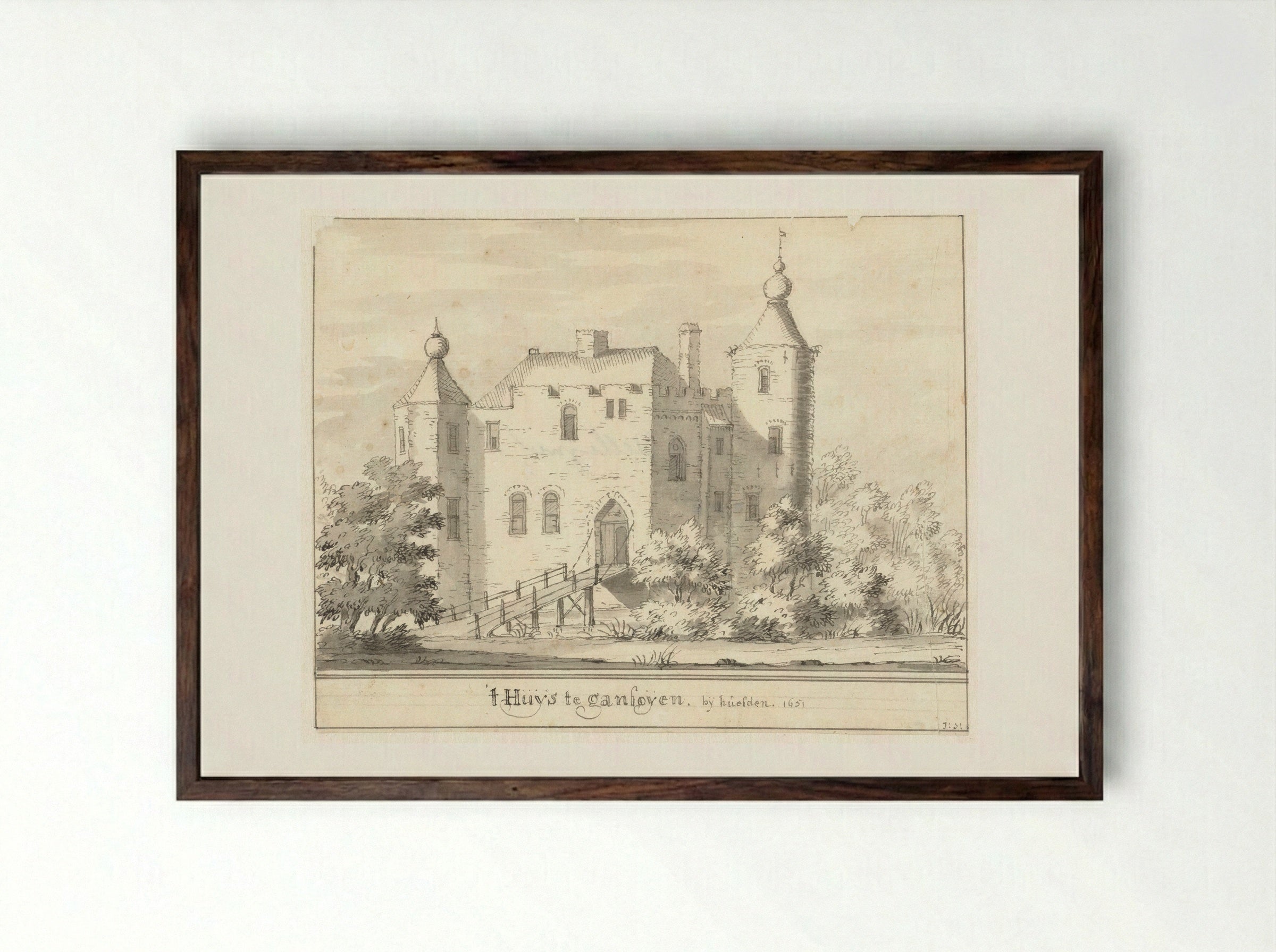 Kasteel Gansoyen bij Heusden - Jacobus Stellingwerff - Framed Print Dark Wood