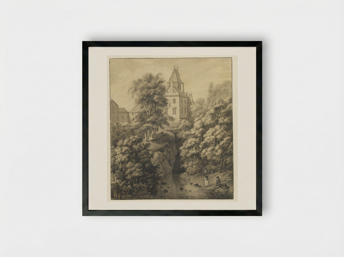 Kasteel en bergachtig landschap - Cornelis Apostool - Framed Print Black