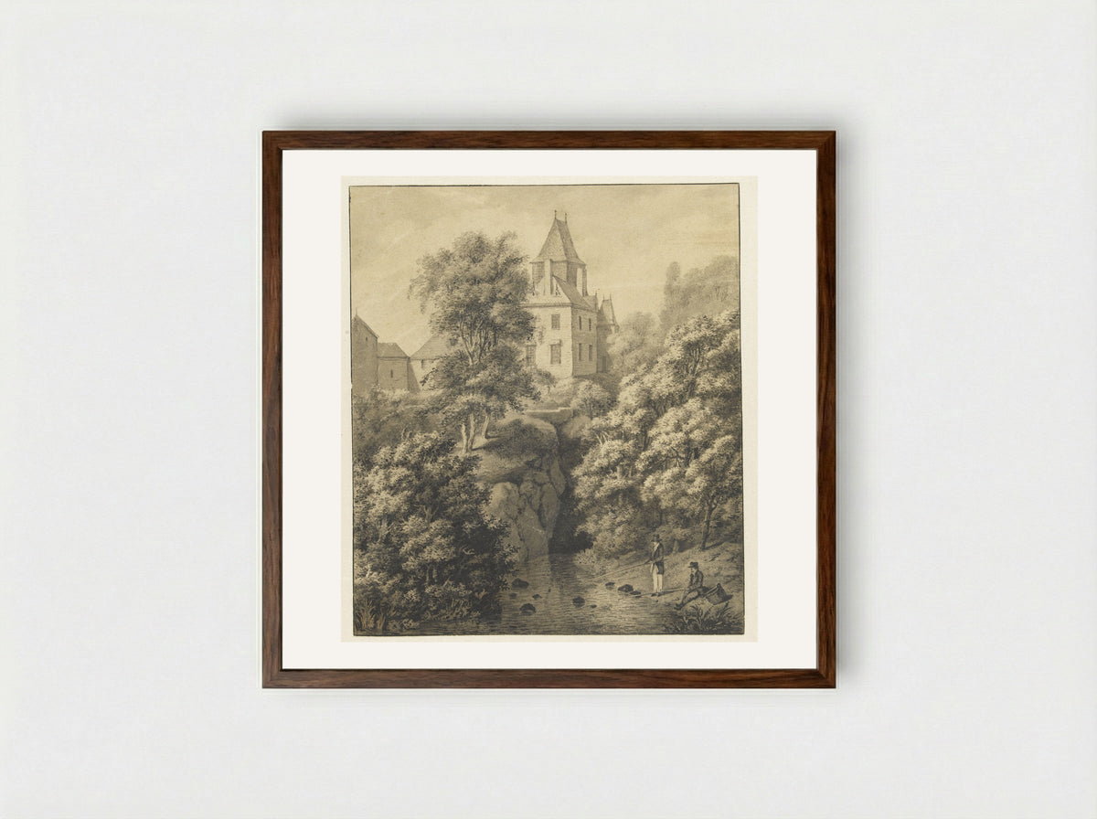 Kasteel en bergachtig landschap - Cornelis Apostool - Framed Print Dark Wood