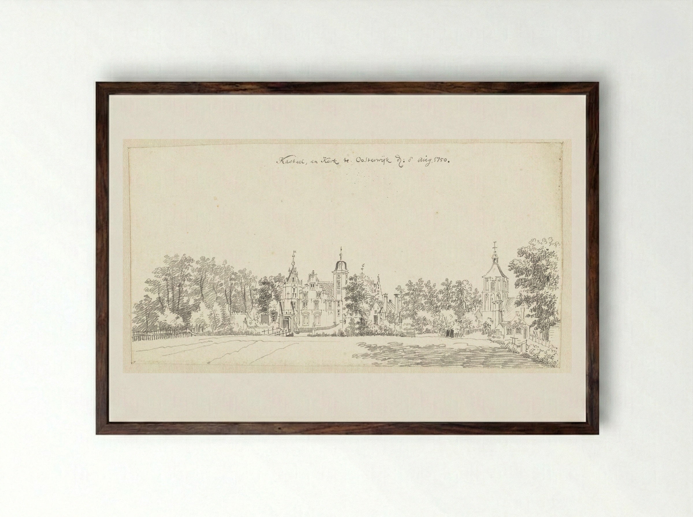 Kasteel en kerk te Oosterwijk, bij Heukelum - Jan de Beijer - Framed Print Dark Wood