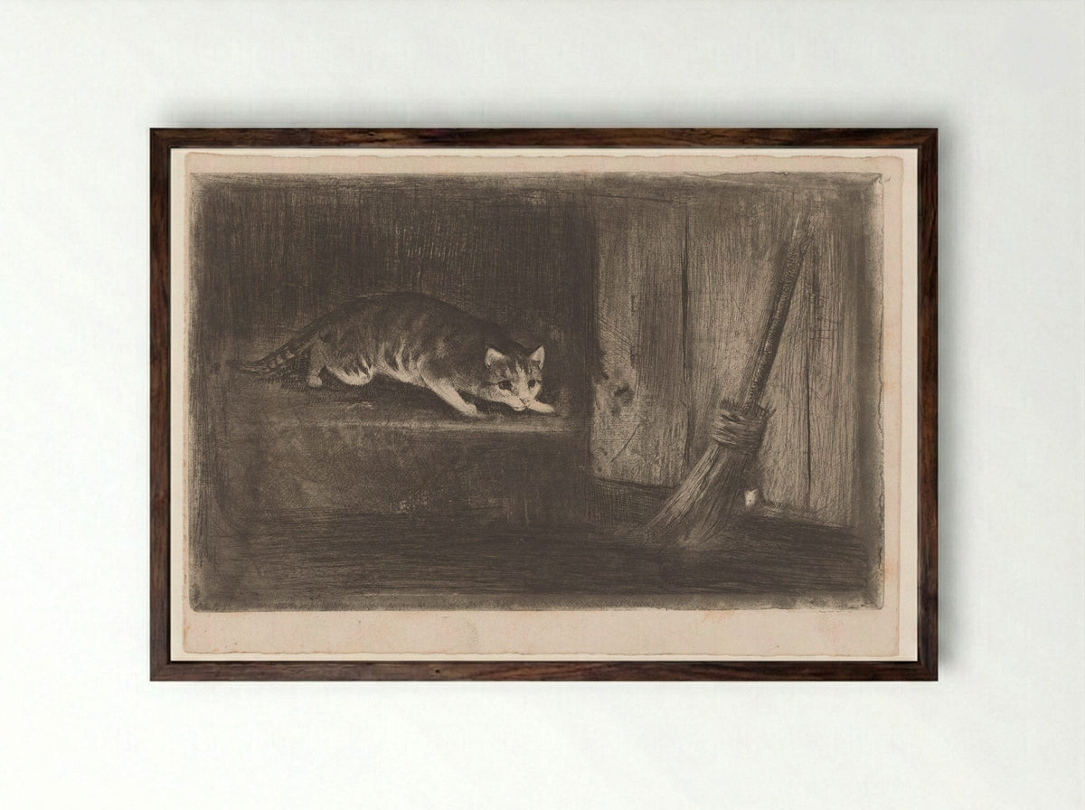 Kat en muis (Cat and Mouse) - Charles Verlat - Framed Print Dark Wood
