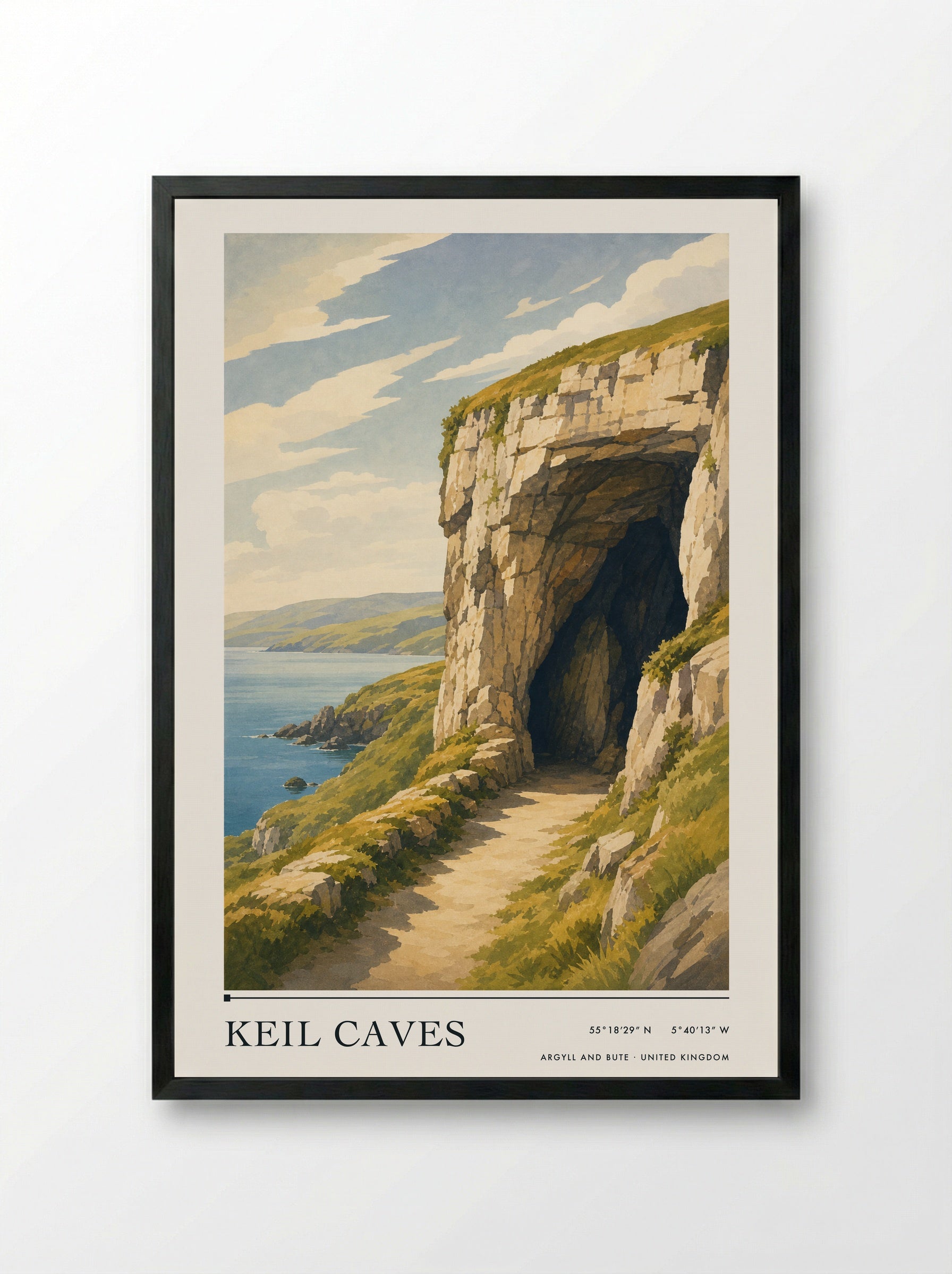 Keil Caves Argyll and Bute United Kingdom Travel Poster - Framed Print Black