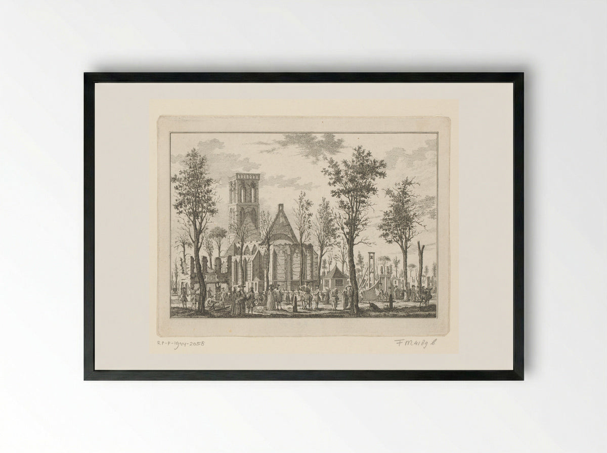 Kerk en Rechthuis te Hilversum na de brand van 1766 - Willem Writs - Framed Print Black