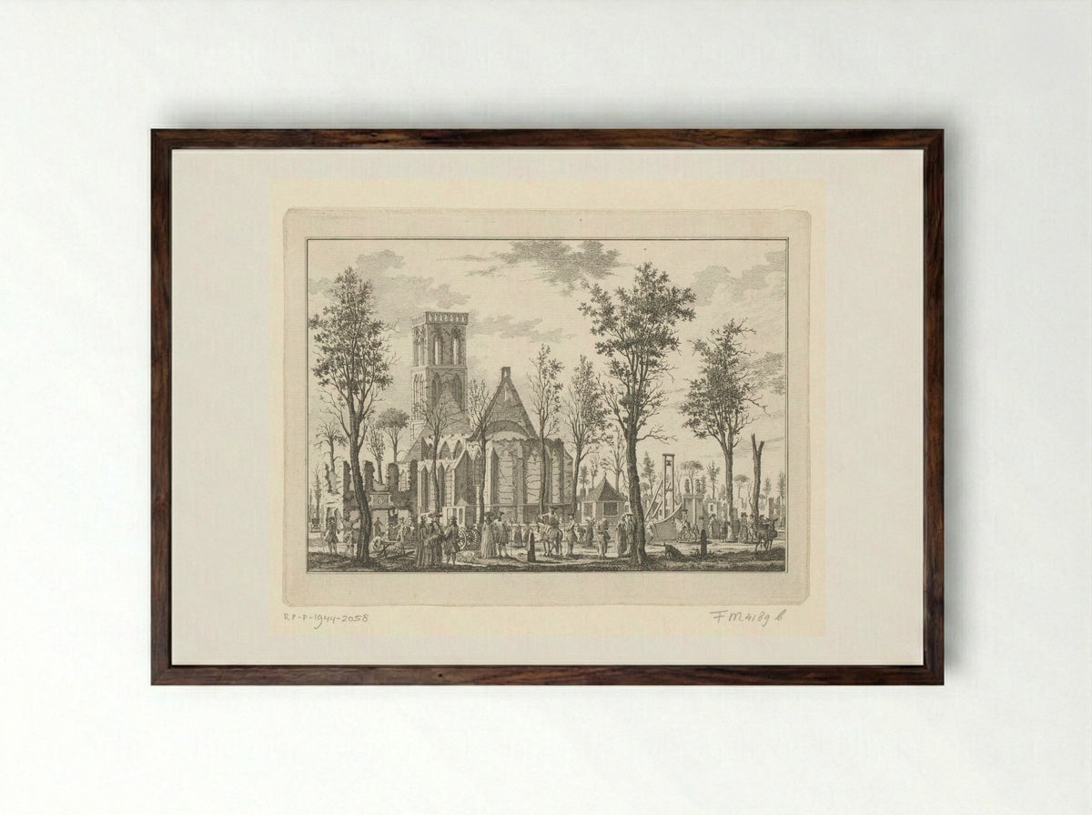 Kerk en Rechthuis te Hilversum na de brand van 1766 - Willem Writs - Framed Print Dark Wood