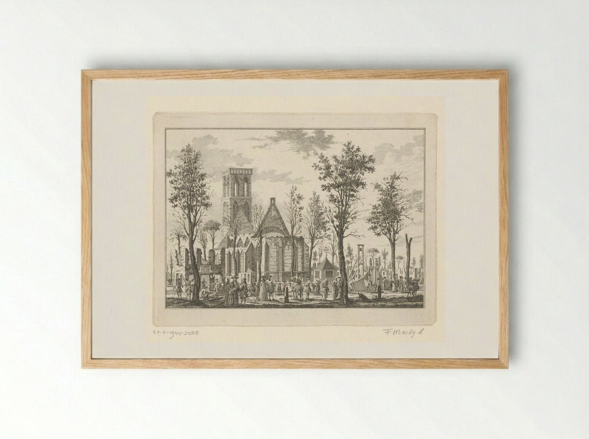 Kerk en Rechthuis te Hilversum na de brand van 1766 - Willem Writs - Framed Print Wood