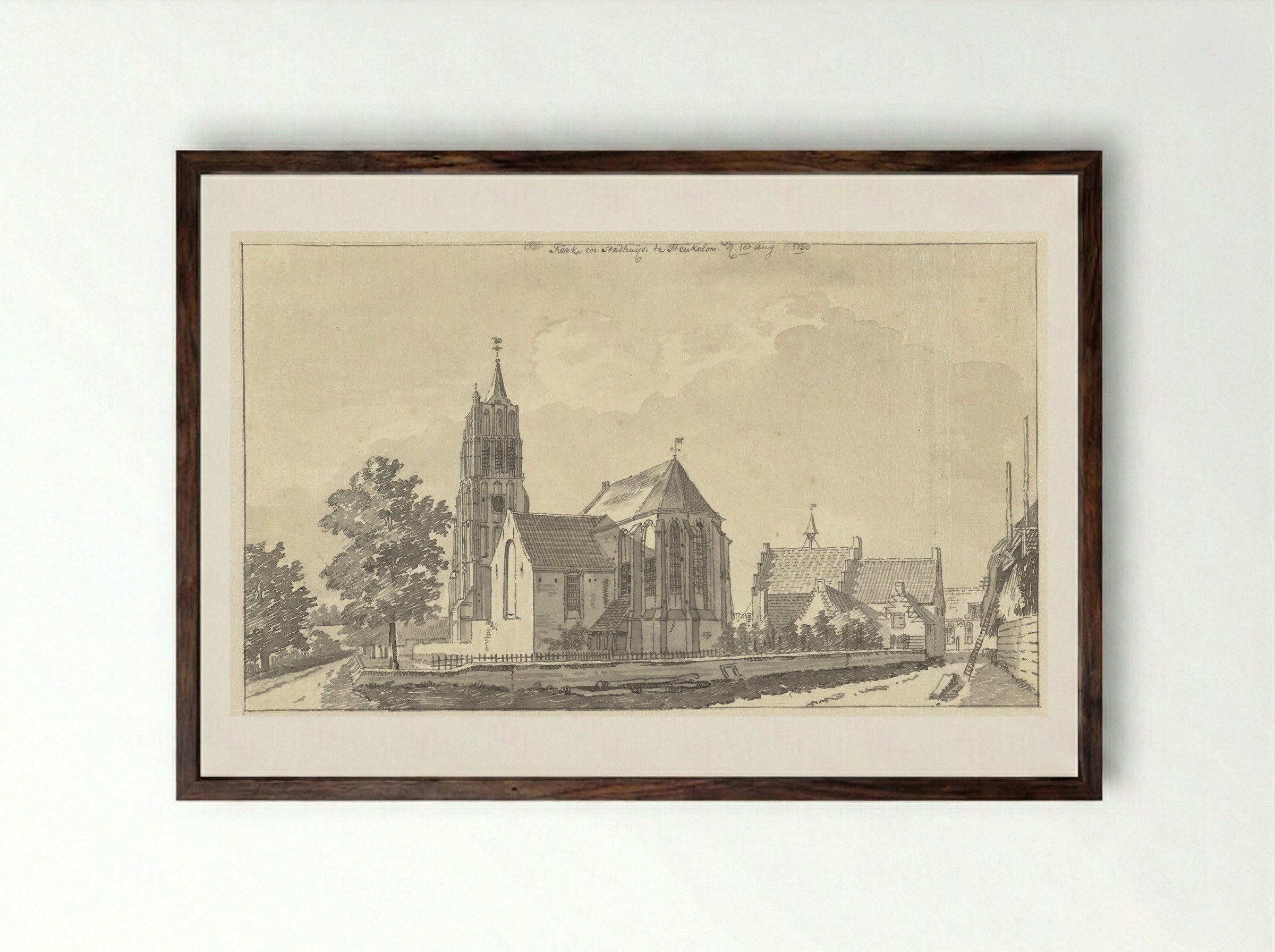 Kerk en stadhuis van Heukelom - Jan de Beijer - Framed Print Dark Wood