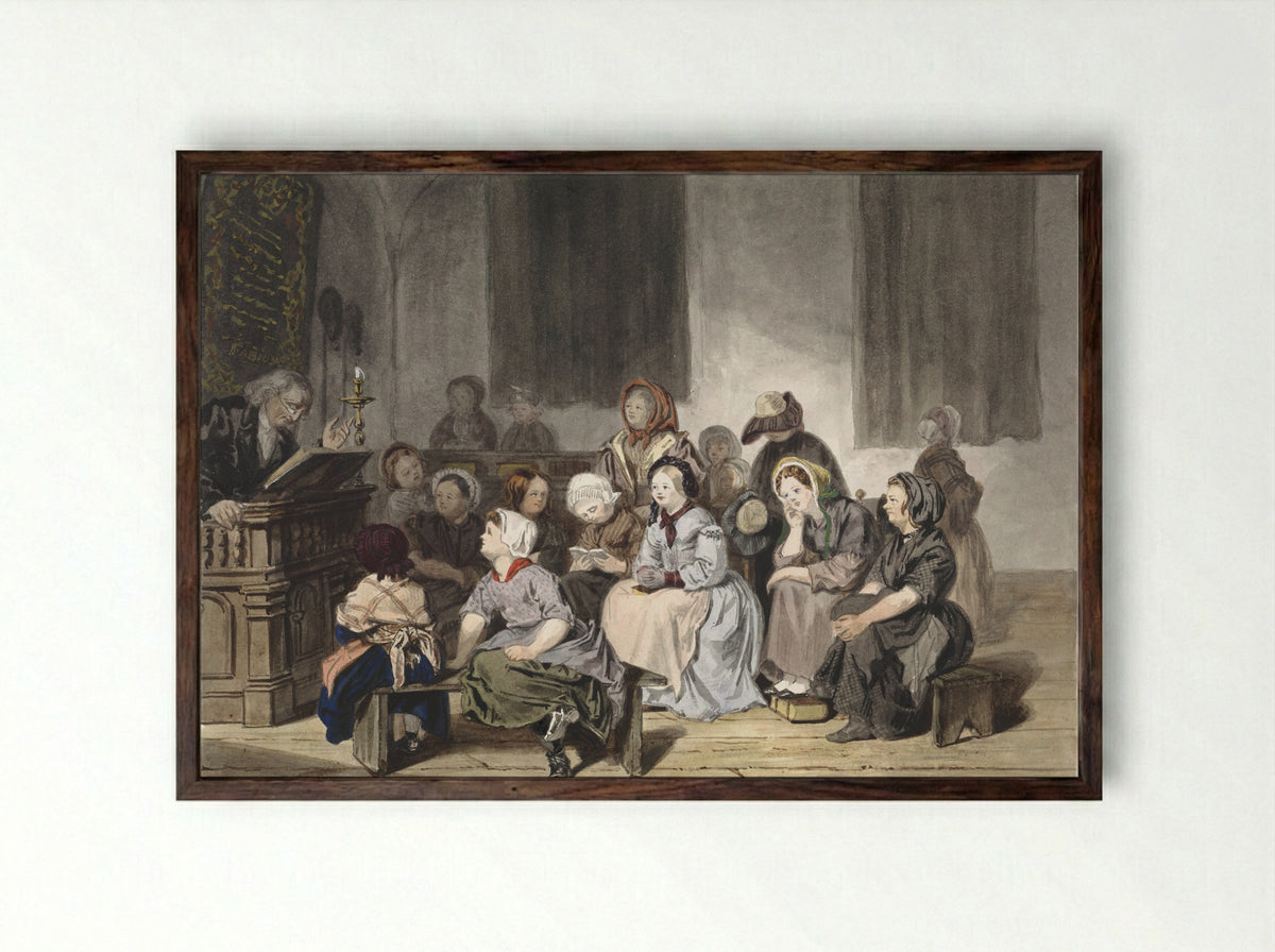 Kerkdienst met meisjes - Jan Fabius Czn - Framed Print Dark Wood
