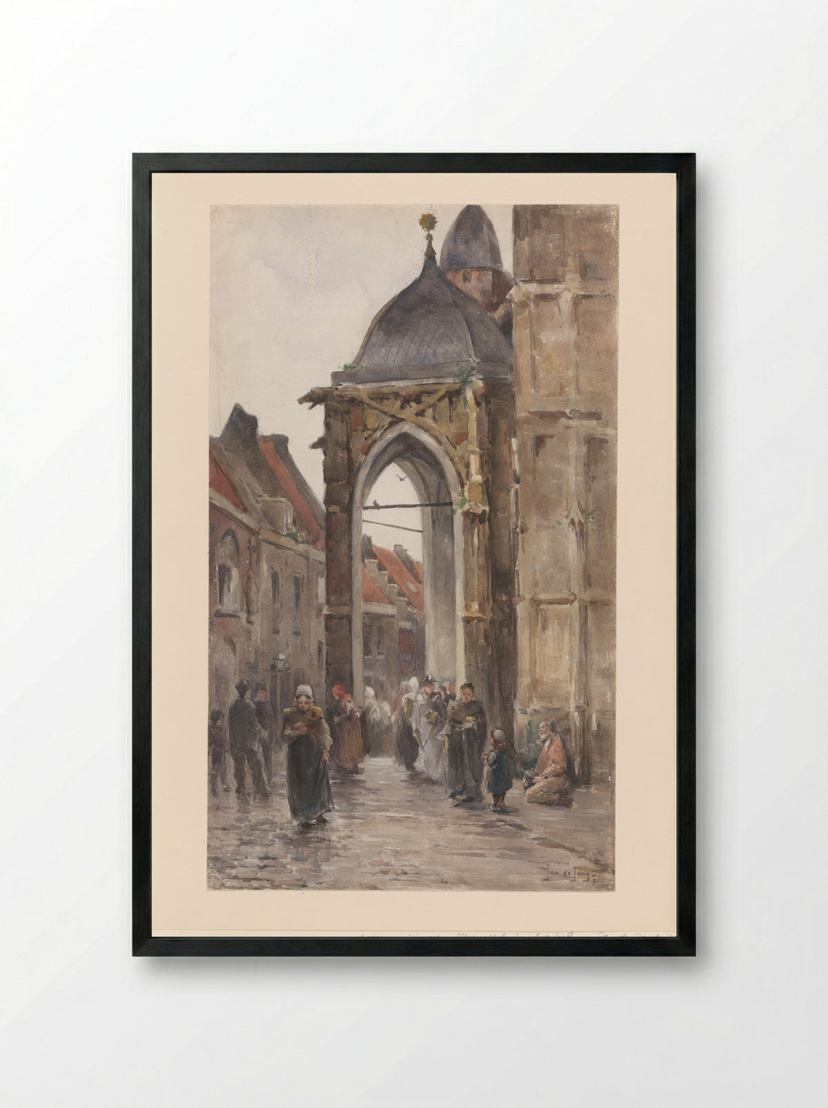 Kerkgangers buiten een kerk - Jan de Jong - Framed Print Black