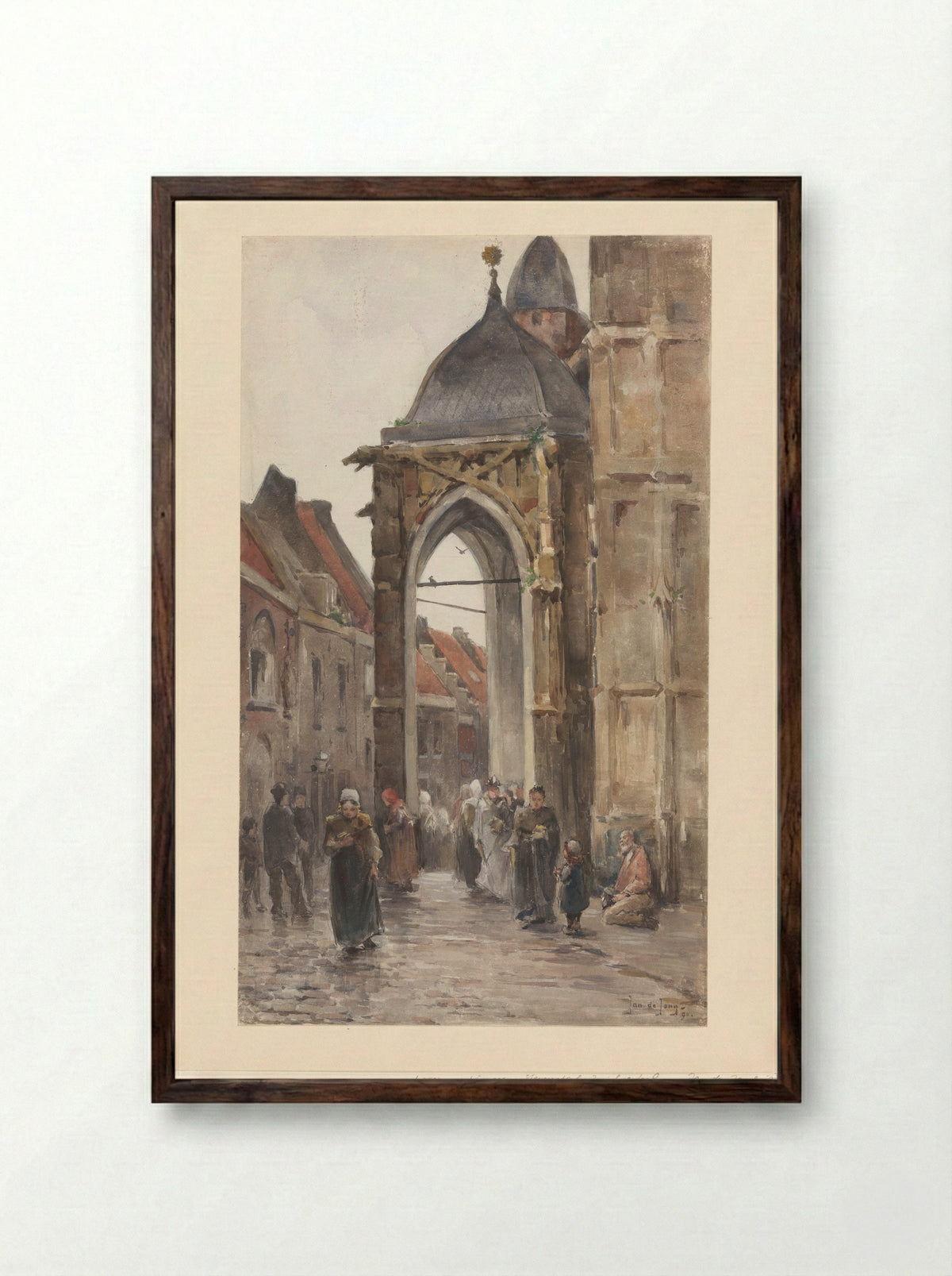 Kerkgangers buiten een kerk - Jan de Jong - Framed Print Dark Wood