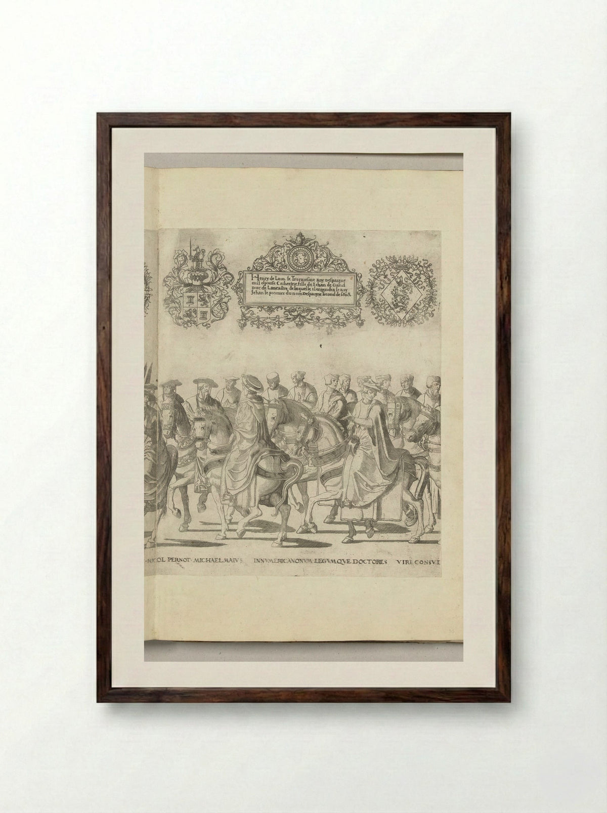 Kerkgeleerden waaronder Nicolas Perrenot de Granvelle en Michele Maio, plaat [GG] - Nicolaas Hogenberg - Framed Print Dark Wood