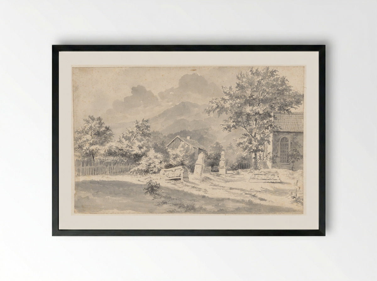 Kerkhof met verzakte stenen, te Ilsenburg - Cornelis François Roos - Framed Print Black