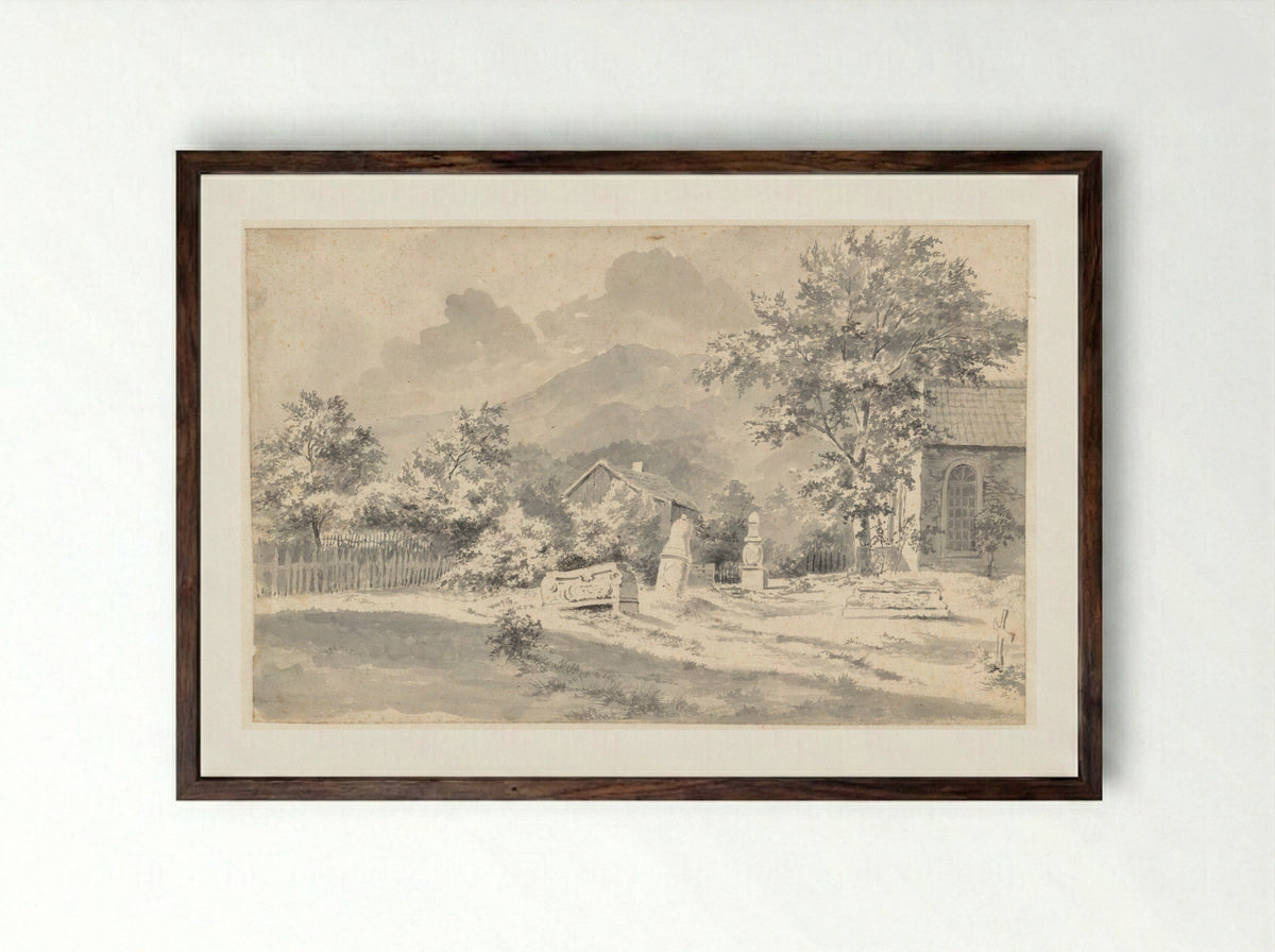 Kerkhof met verzakte stenen, te Ilsenburg - Cornelis François Roos - Framed Print Dark Wood