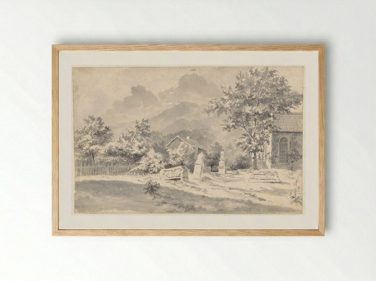 Kerkhof met verzakte stenen, te Ilsenburg - Cornelis François Roos - Framed Print Wood
