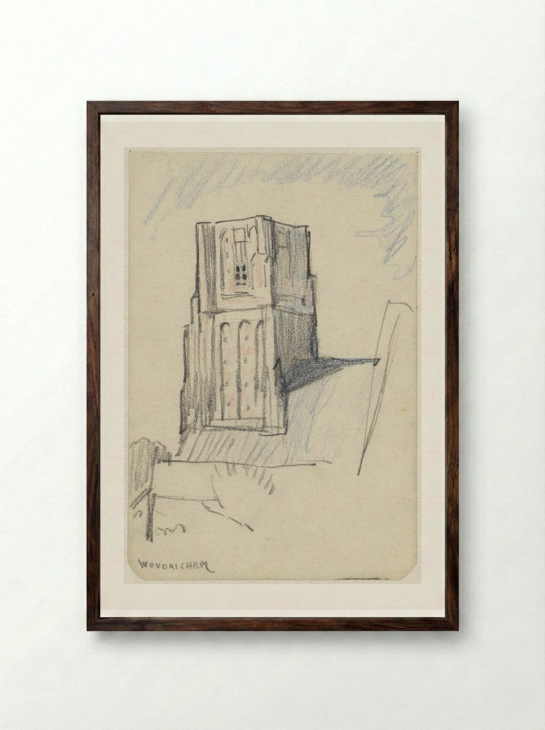 Kerktoren te Woudrichem - Adolf le Comte - Framed Print Dark Wood