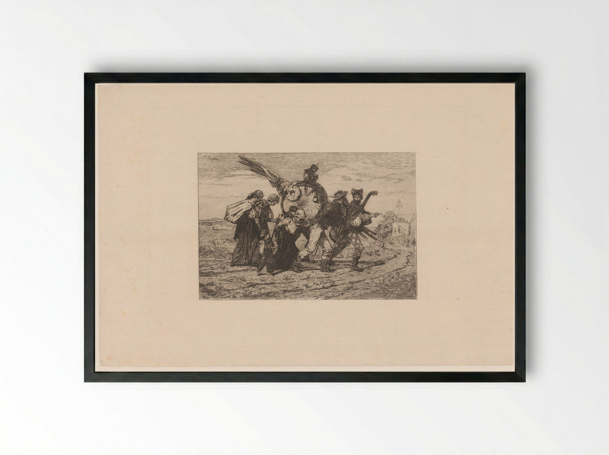 Kermisgezelschap op een landweg met verderop een dorpskermis - Félicien Rops - Framed Print Black
