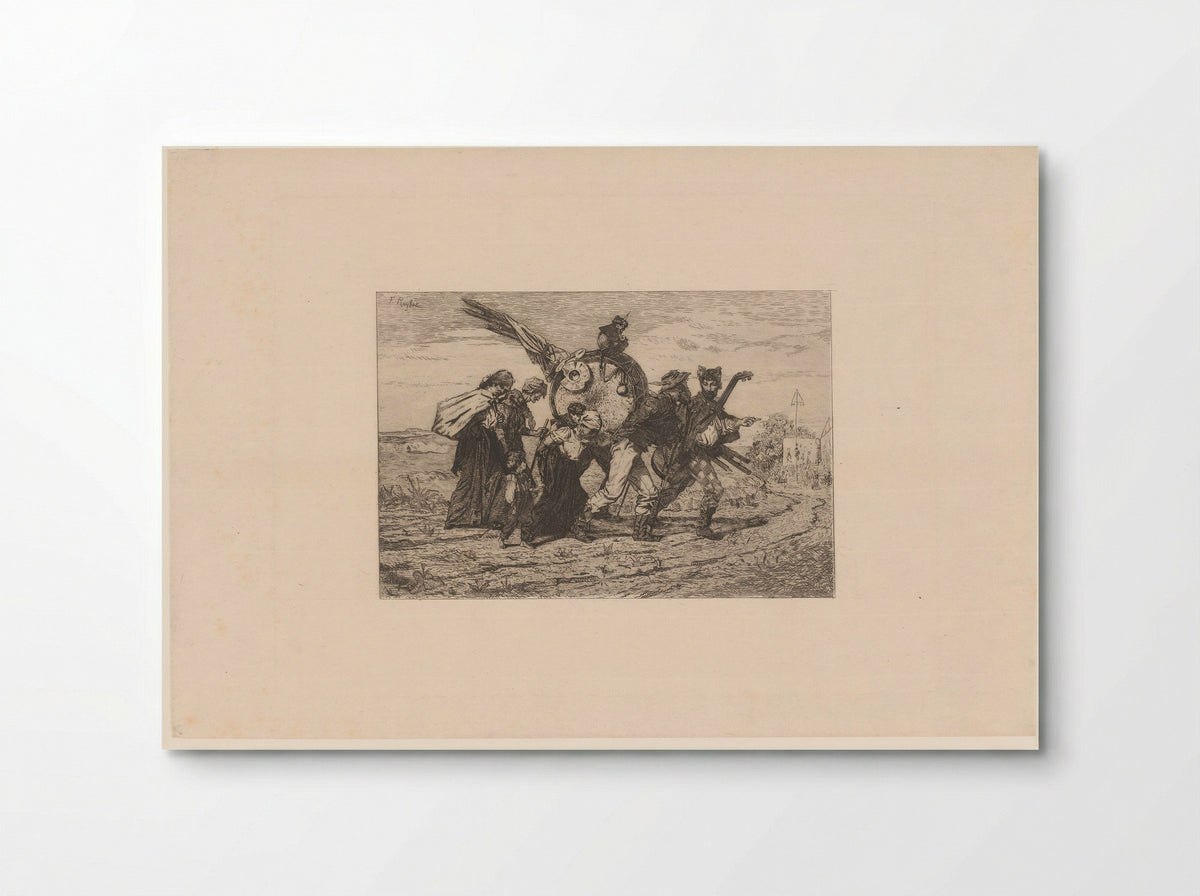 Kermisgezelschap op een landweg met verderop een dorpskermis - Félicien Rops - Poster