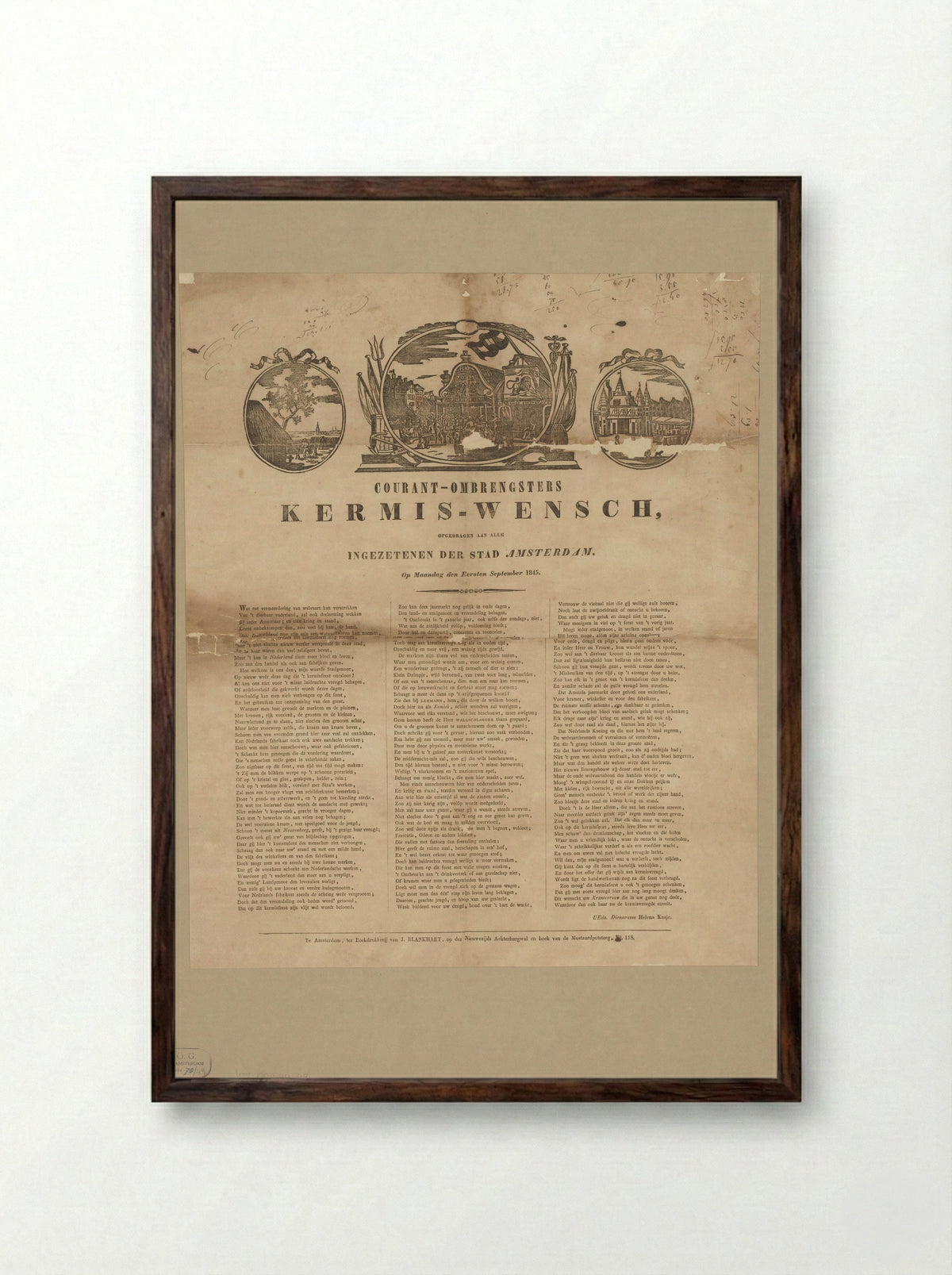 Kermisprent van de Amsterdamse courantombrengsters voor het jaar 1845 - Floris May - Framed Print Dark Wood