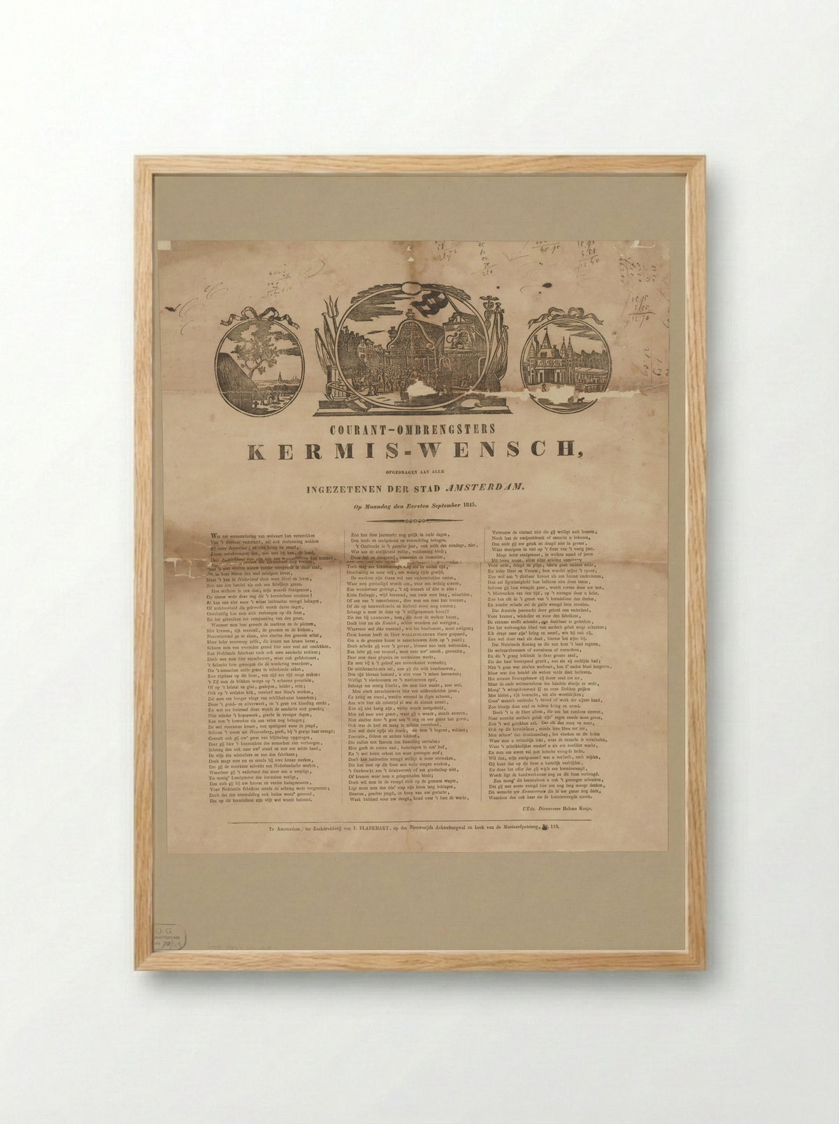 Kermisprent van de Amsterdamse courantombrengsters voor het jaar 1845 - Floris May - Framed Print Wood
