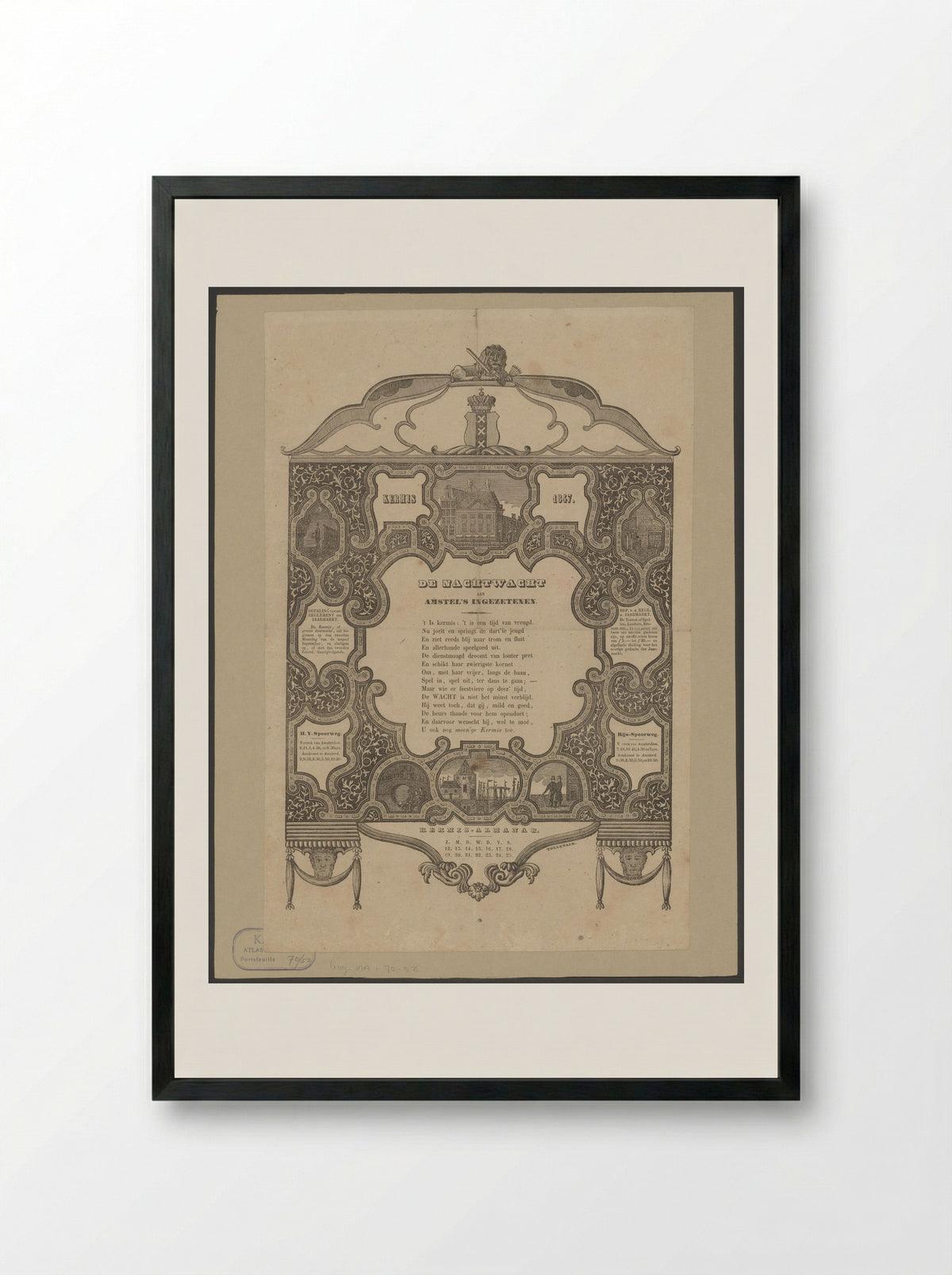Kermisprent van de Amsterdamse nachtwacht voor het jaar 1847 - Dirk Wijbrand Tollenaar - Framed Print Black