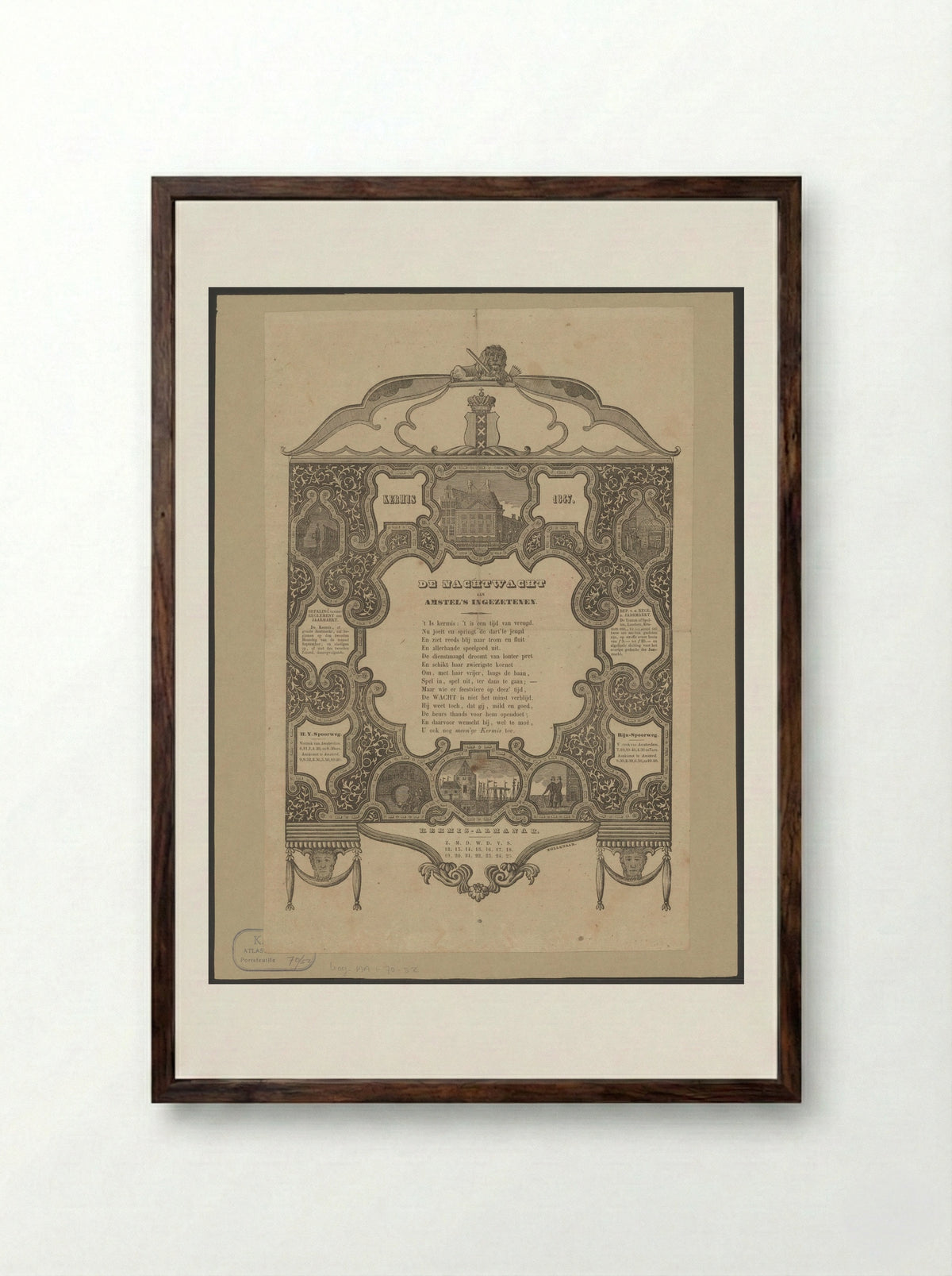 Kermisprent van de Amsterdamse nachtwacht voor het jaar 1847 - Dirk Wijbrand Tollenaar - Framed Print Dark Wood