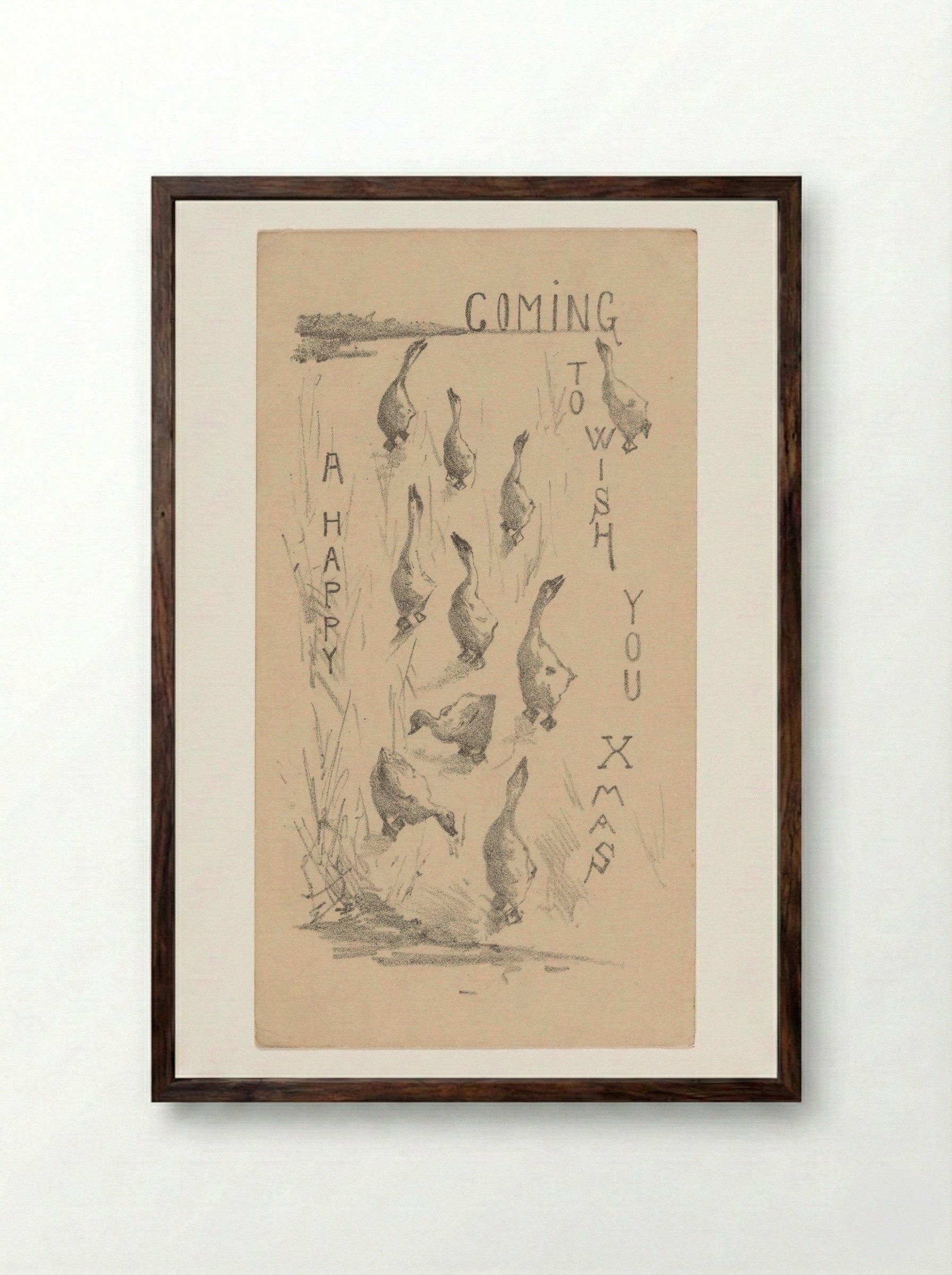 Kerstkaart met tien ganzen - Theo van Hoytema - Framed Print Dark Wood