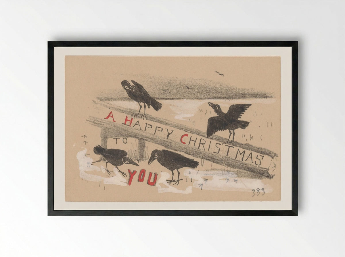 Kerstkaart met vier kraaien - Theo van Hoytema - Framed Print Black